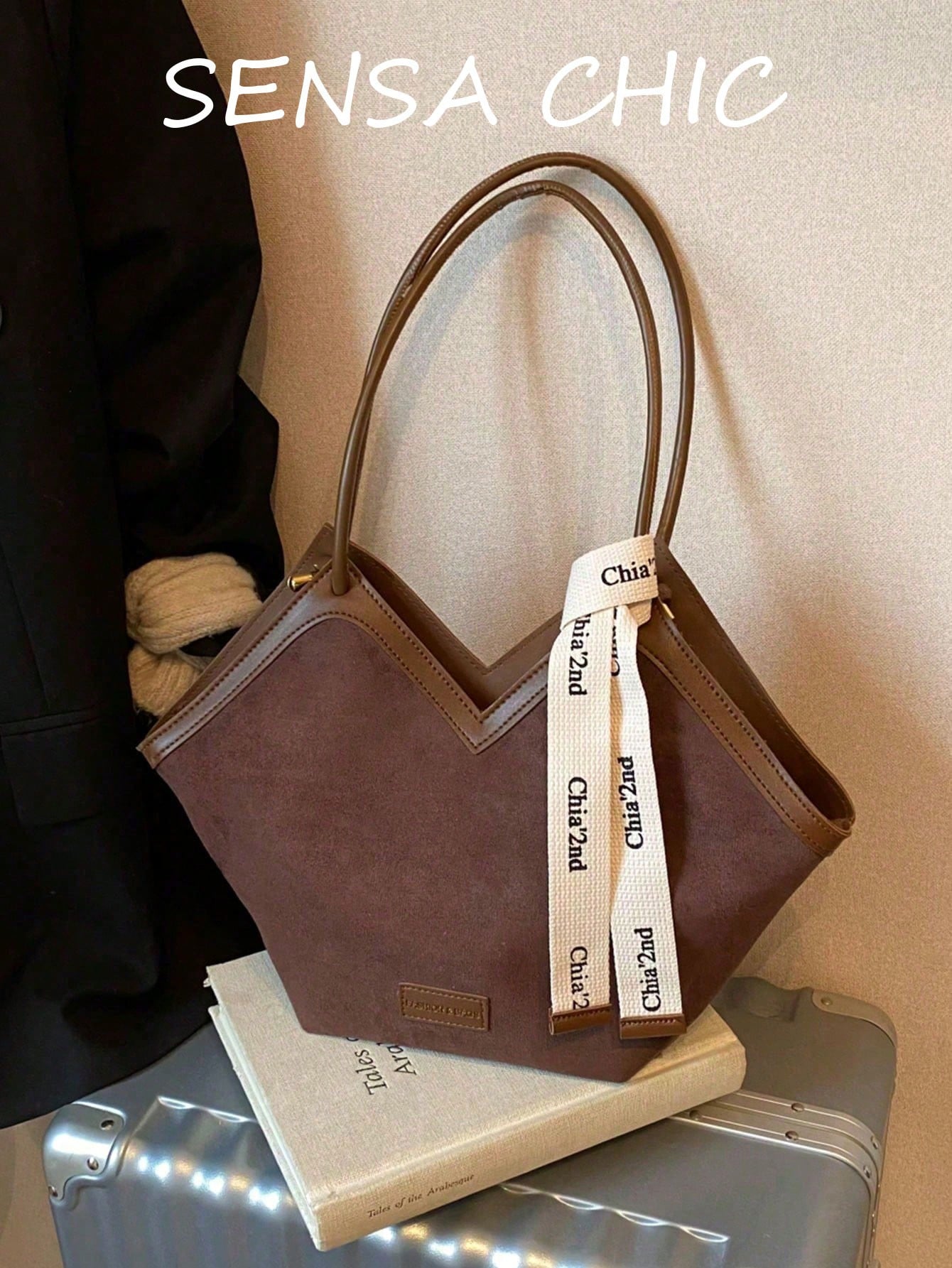 Nouveau sac fourre-tout à l'épaule en canevas rayée, avec bordure en PU, design ouvert, — vue 5