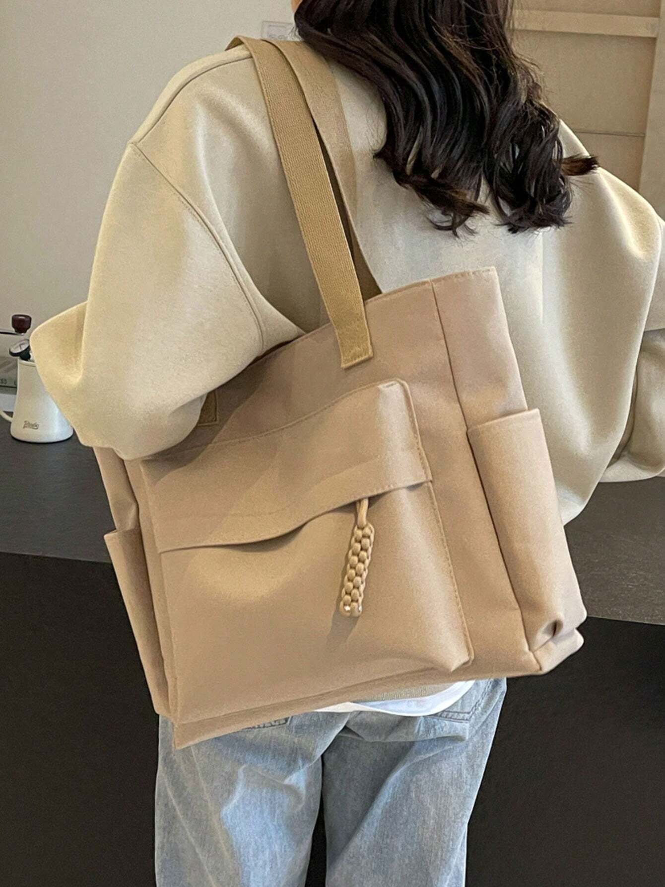 Sac bandoulière rétro, sac en tissu uni grande capacité à la mode, sac bandoulière, sac à — vue 3