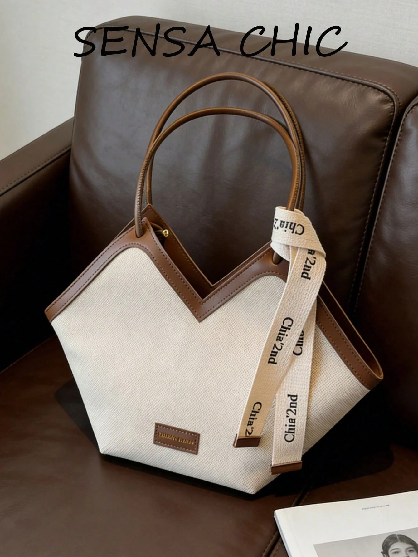 Nouveau sac fourre-tout à l'épaule en canevas rayée, avec bordure en PU, design ouvert, — vue 3