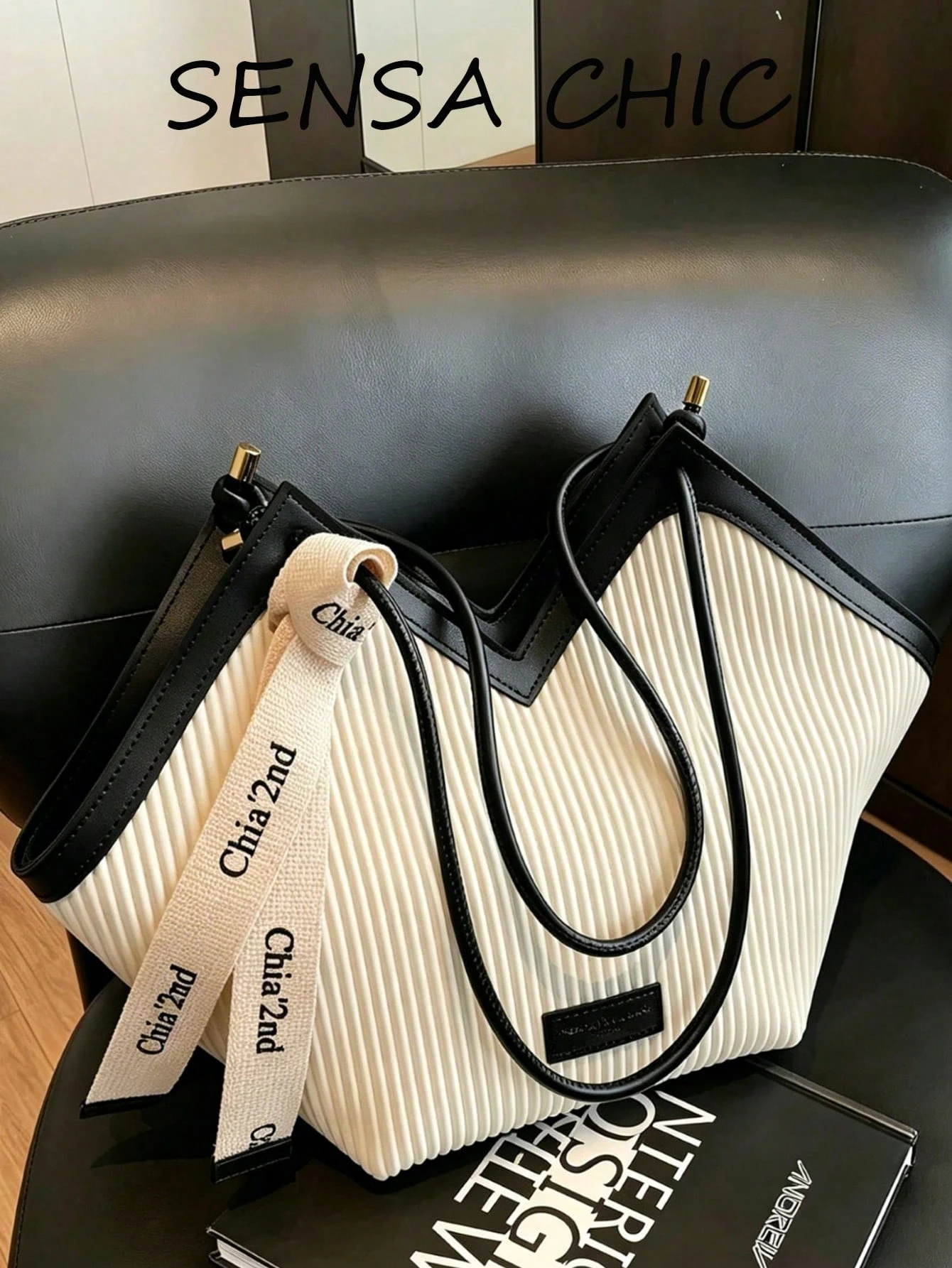 Nouveau sac fourre-tout à l'épaule en canevas rayée, avec bordure en PU, design ouvert,