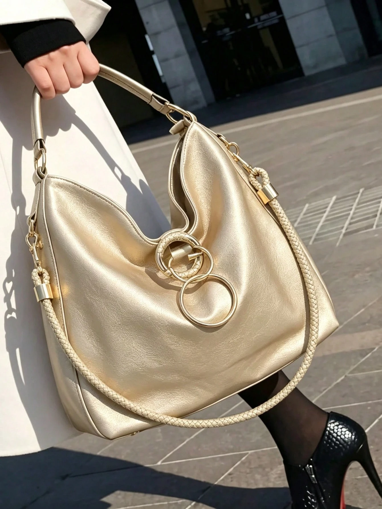 Sac à bandoulière grande capacité style bohème noir pour femmes, sac fourre-tout — vue 3
