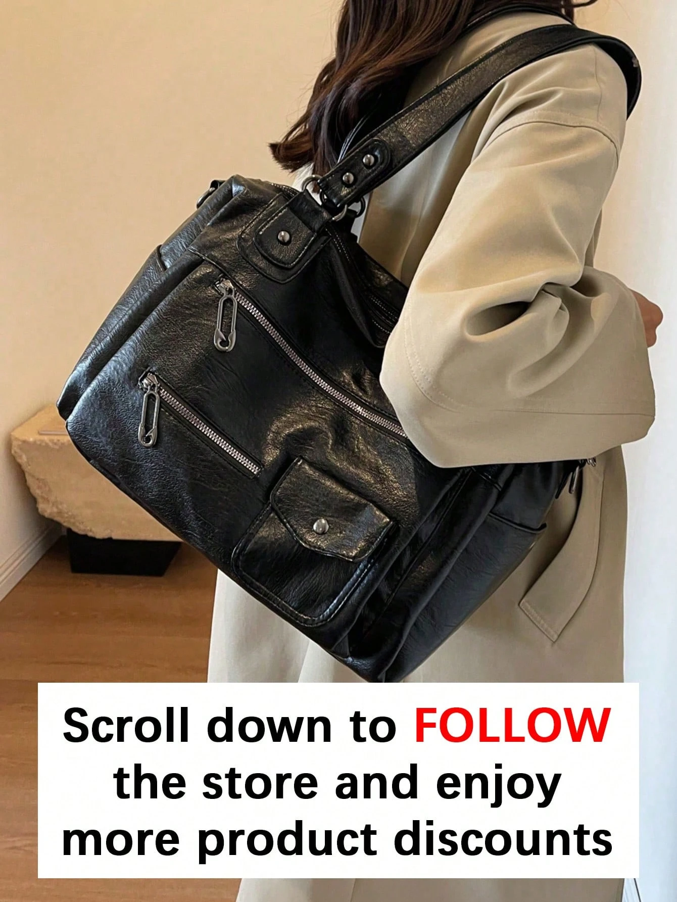 Sac bandoulière grande capacité en similicuir premium, sac fourre-tout vintage — vue 4