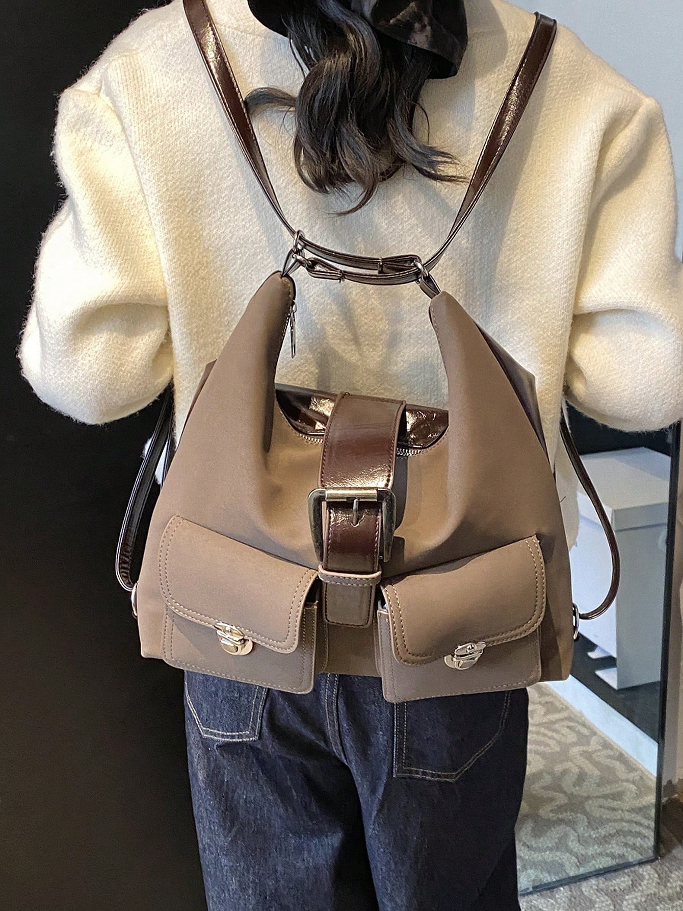 Sac à bandoulière rétro artificiel à la mode, grande capacité, design de niche à poches — vue 3