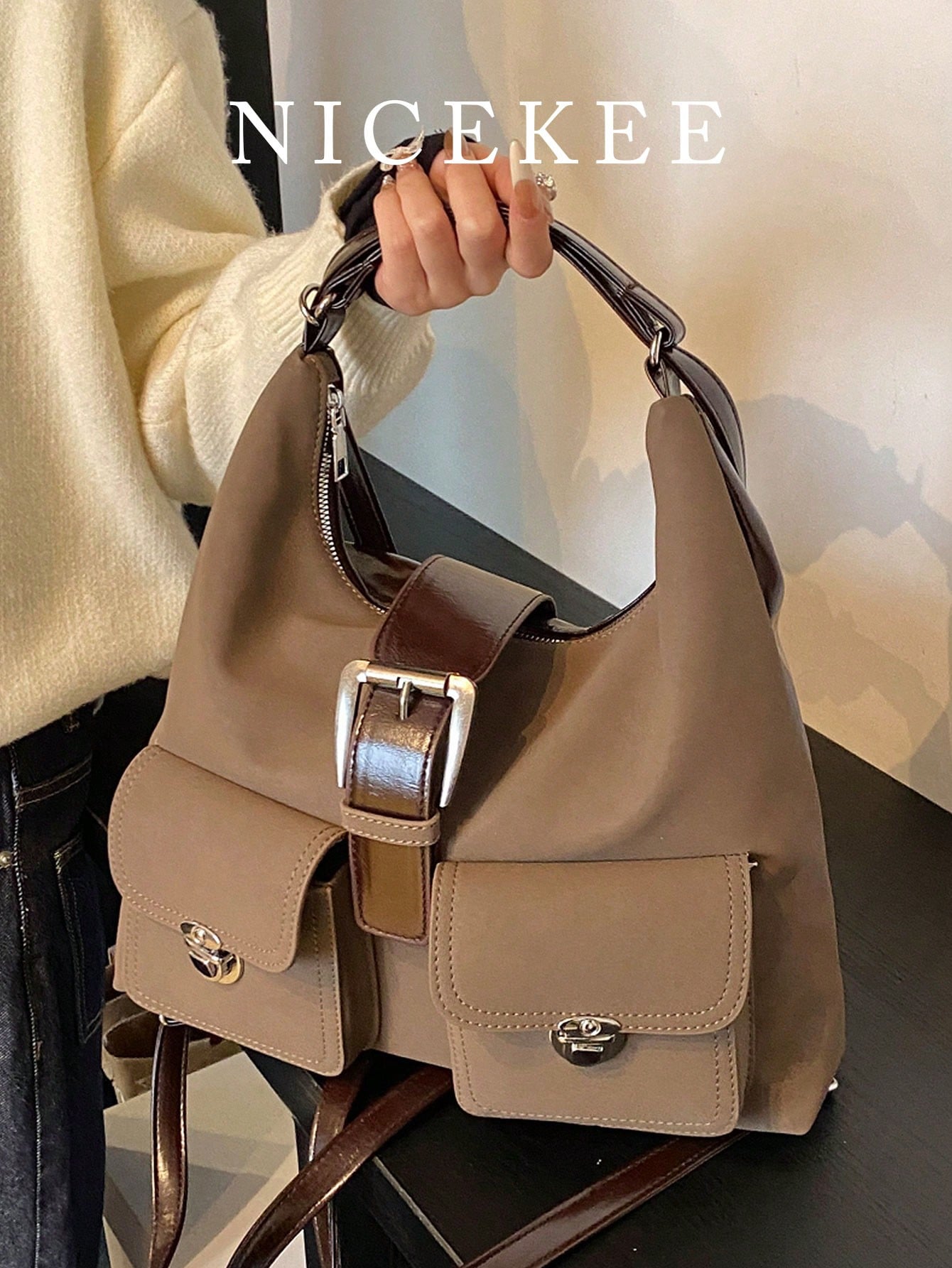 Sac à bandoulière rétro artificiel à la mode, grande capacité, design de niche à poches