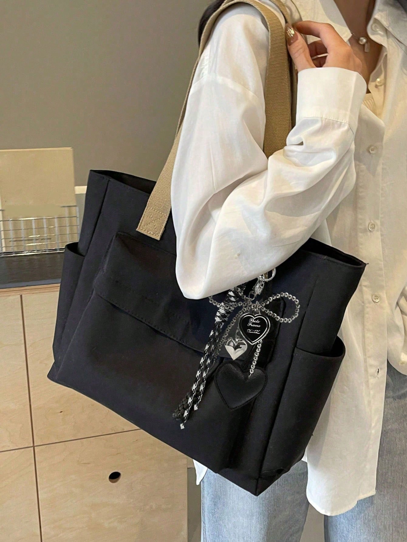 Sac bandoulière rétro, sac en tissu uni grande capacité à la mode, sac bandoulière, sac à — vue 10