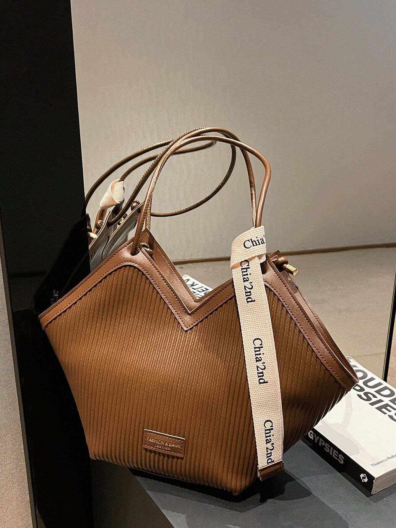 Nouveau sac fourre-tout à l'épaule en canevas rayée, avec bordure en PU, design ouvert, — vue 8