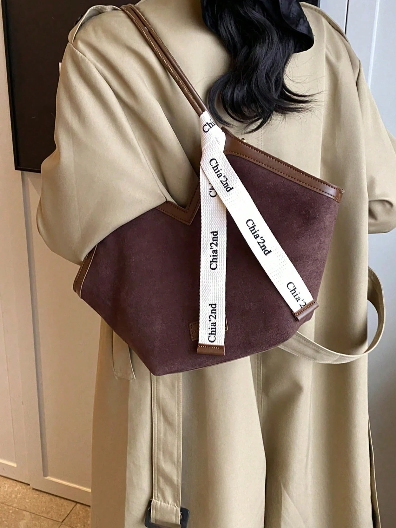 Nouveau sac fourre-tout à l'épaule en canevas rayée, avec bordure en PU, design ouvert, — vue 11