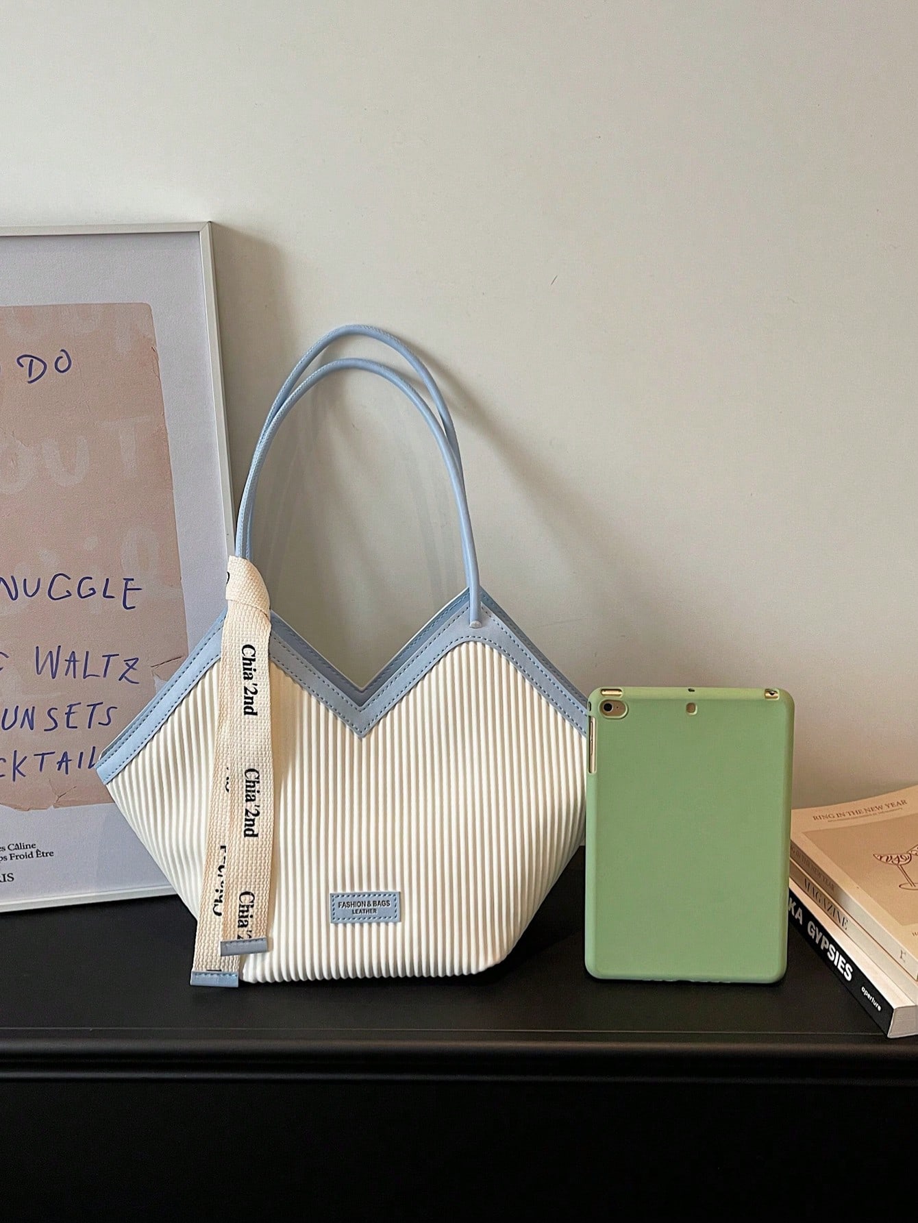 Nouveau sac fourre-tout à l'épaule en canevas rayée, avec bordure en PU, design ouvert, — vue 12