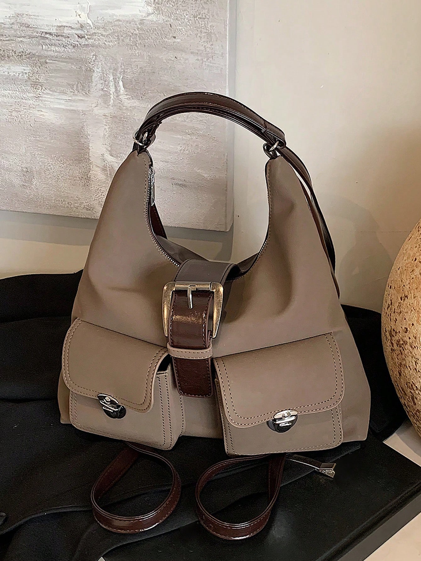 Sac à bandoulière rétro artificiel à la mode, grande capacité, design de niche à poches — vue 7