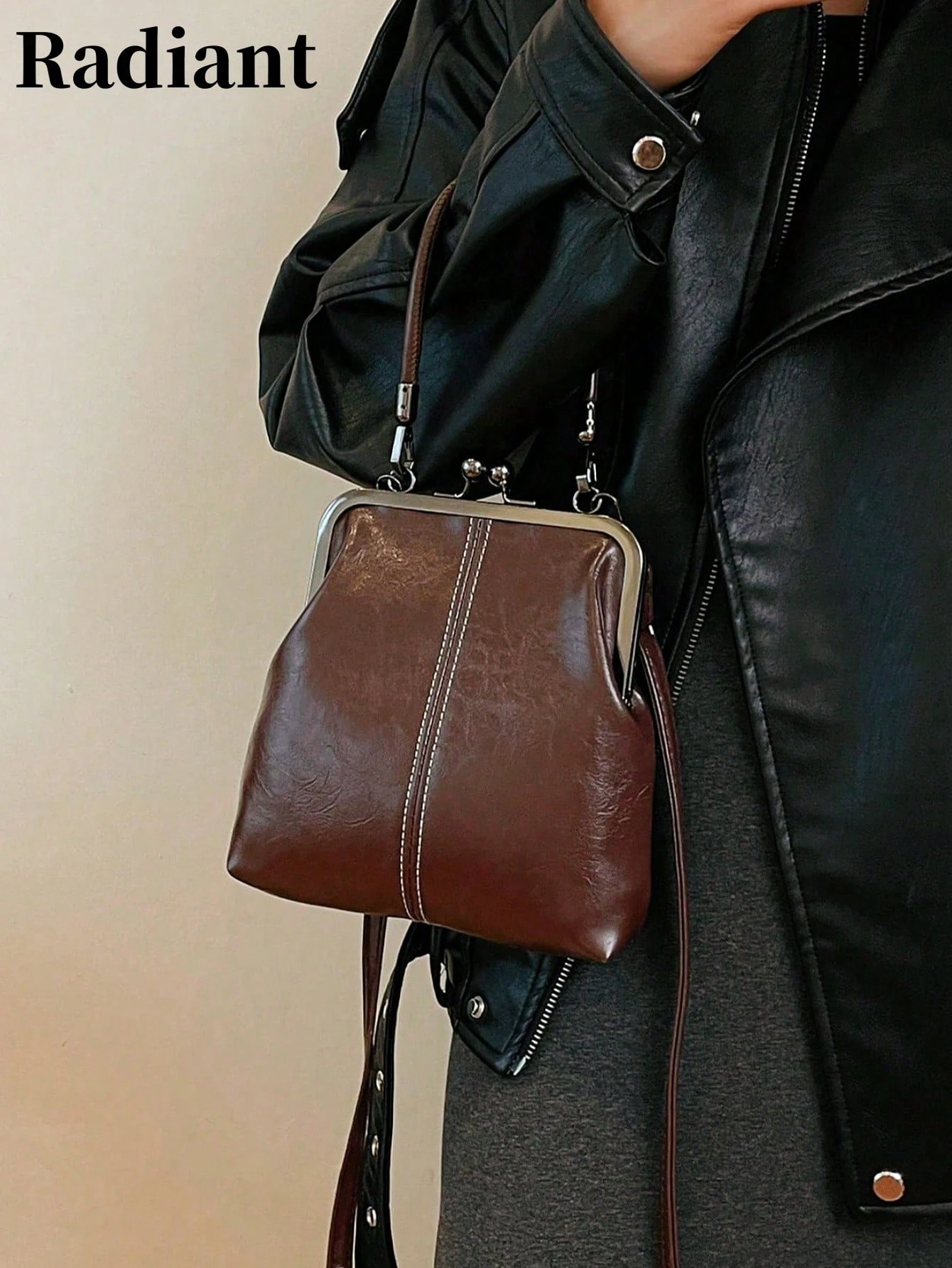 Sac bandoulière rétro en faux, sac à main mini vintage style fermoir baiser pour femmes — vue 4