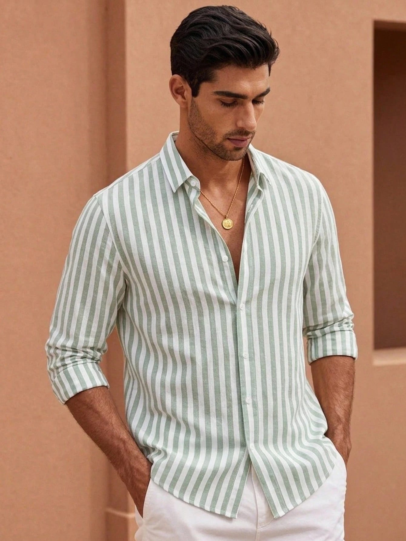 HIMLAND Chemise décontractée à manches longues en tissu tissé à rayures verticales pour