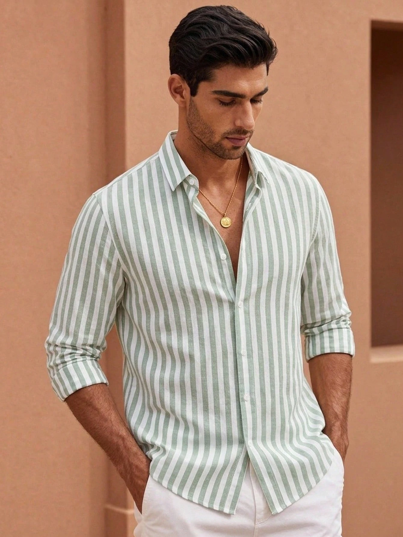 HIMLAND Chemise décontractée à manches longues en tissu tissé à rayures verticales pour