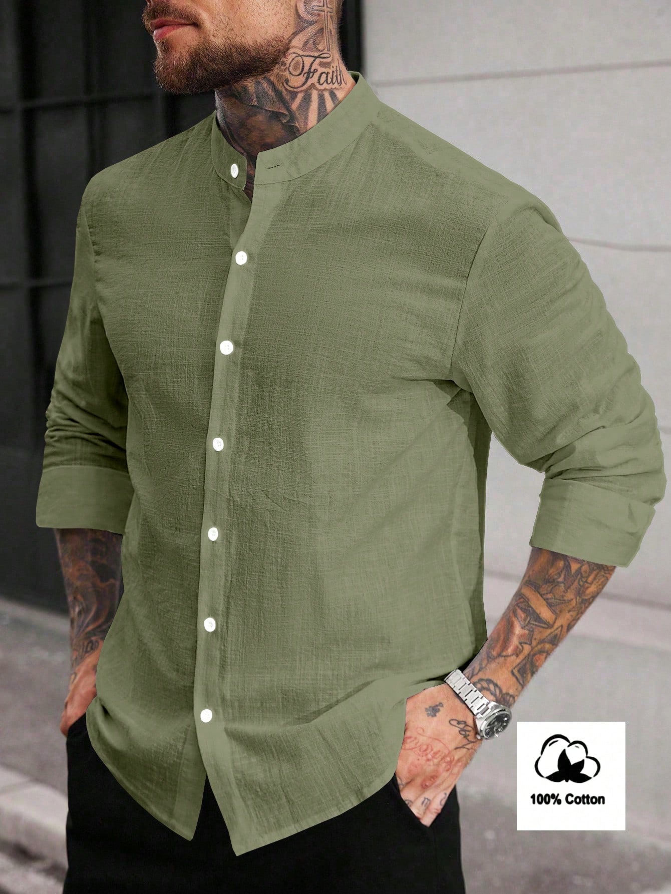 Manfinity Homme Chemise décontractée pour hommes à manches longues de couleur unie, en — vue 3