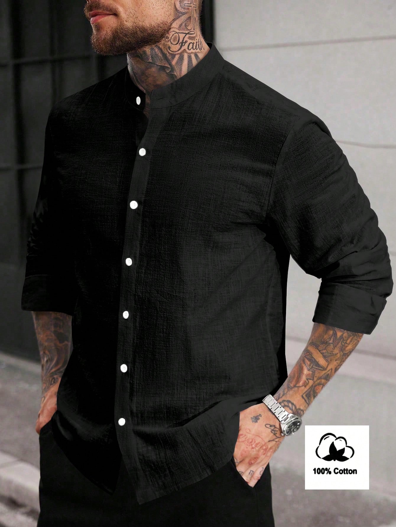 Manfinity Homme Chemise décontractée pour hommes à manches longues de couleur unie, en — vue 4