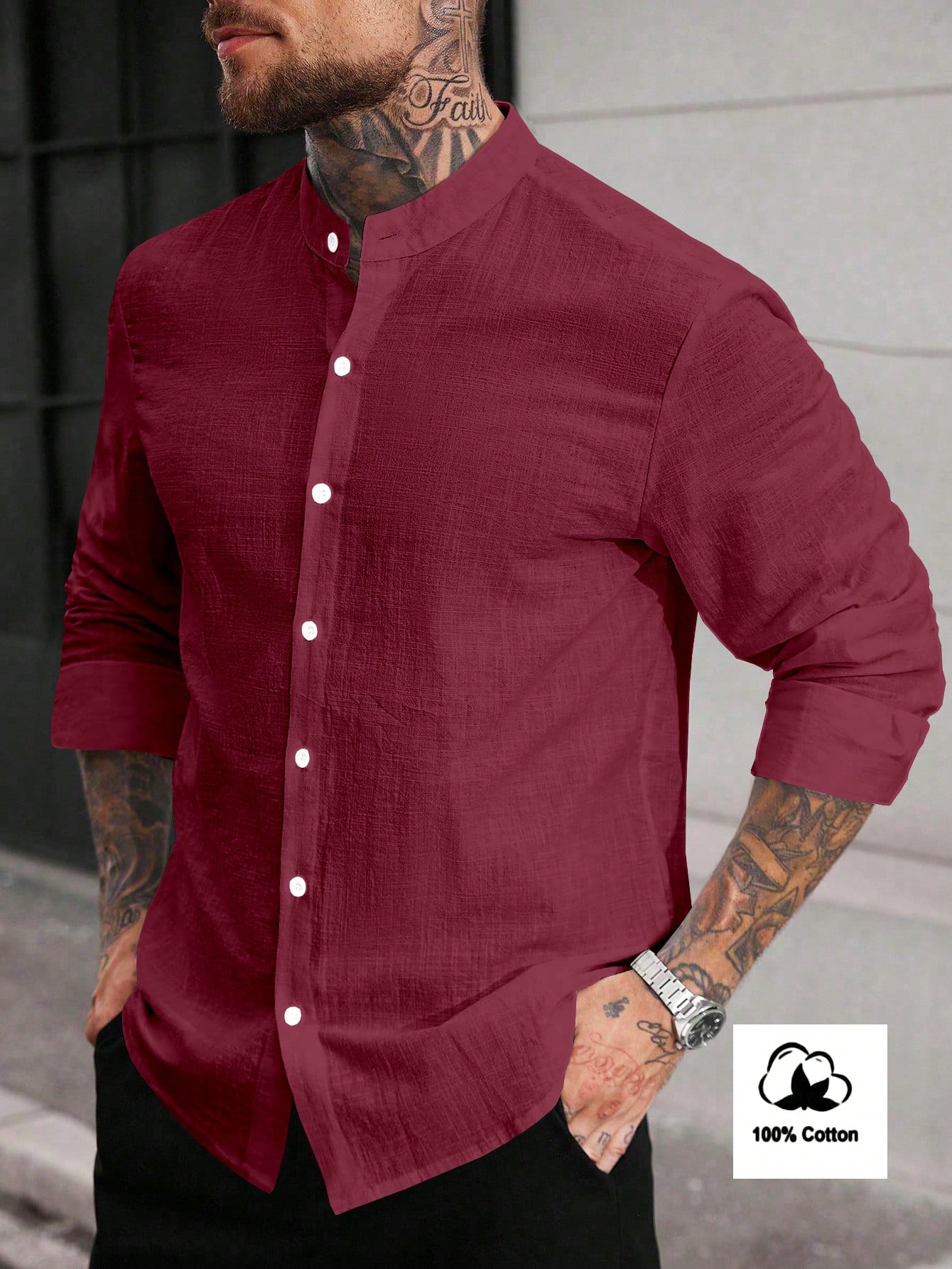 Manfinity Homme Chemise décontractée pour hommes à manches longues de couleur unie, en — vue 6