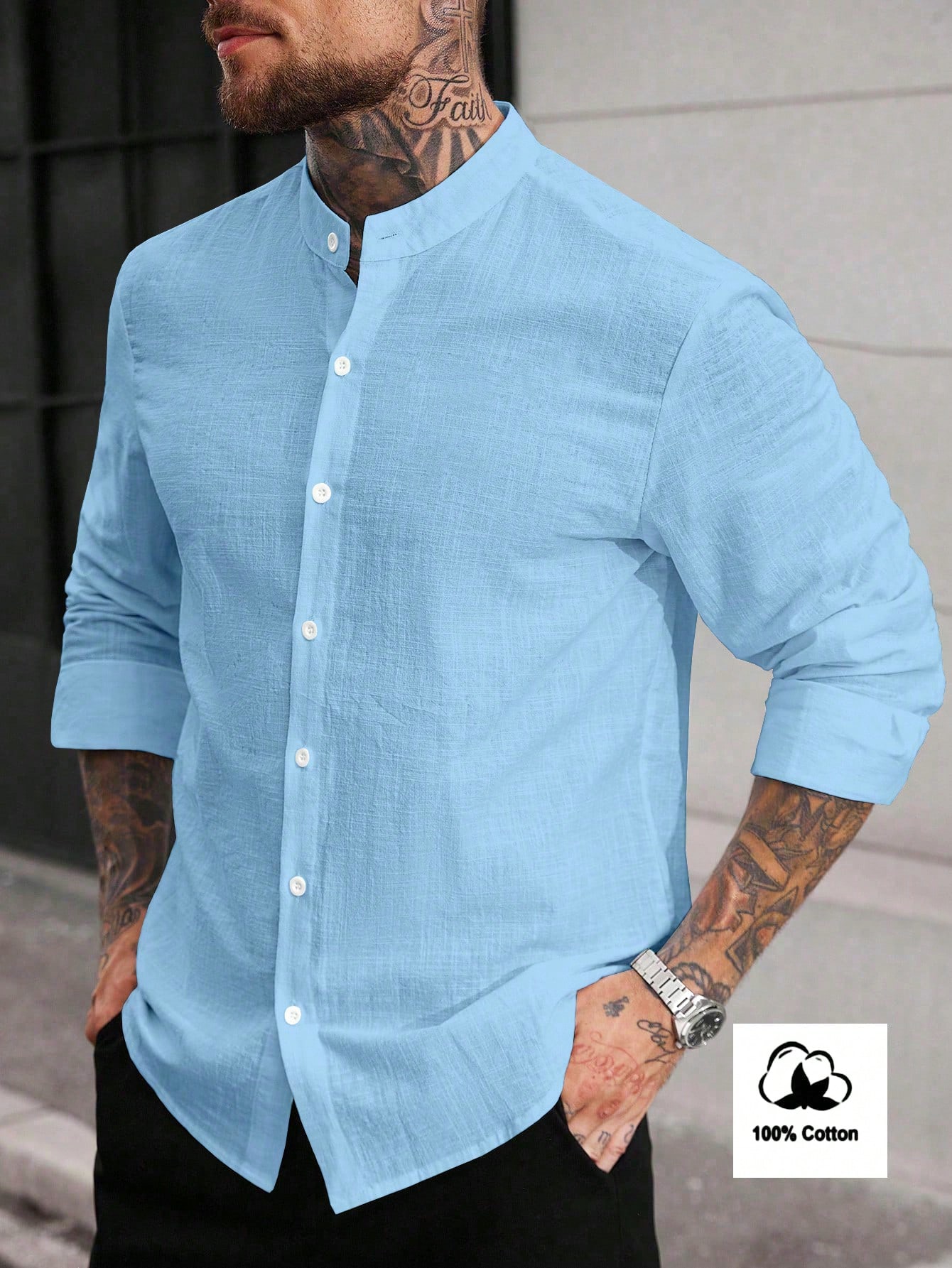 Manfinity Homme Chemise décontractée pour hommes à manches longues de couleur unie, en — vue 5