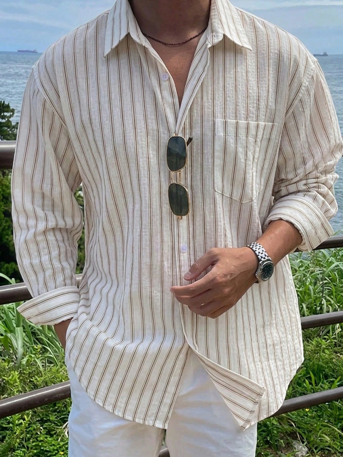 DAZY Chemise à manches longues rayée bleue pour hommes, printemps — vue 6