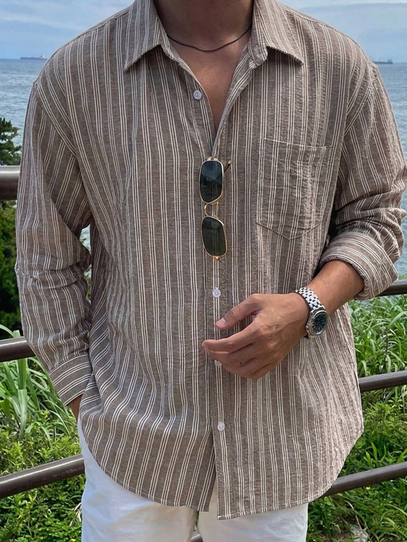 DAZY Chemise à manches longues rayée bleue pour hommes, printemps — vue 3