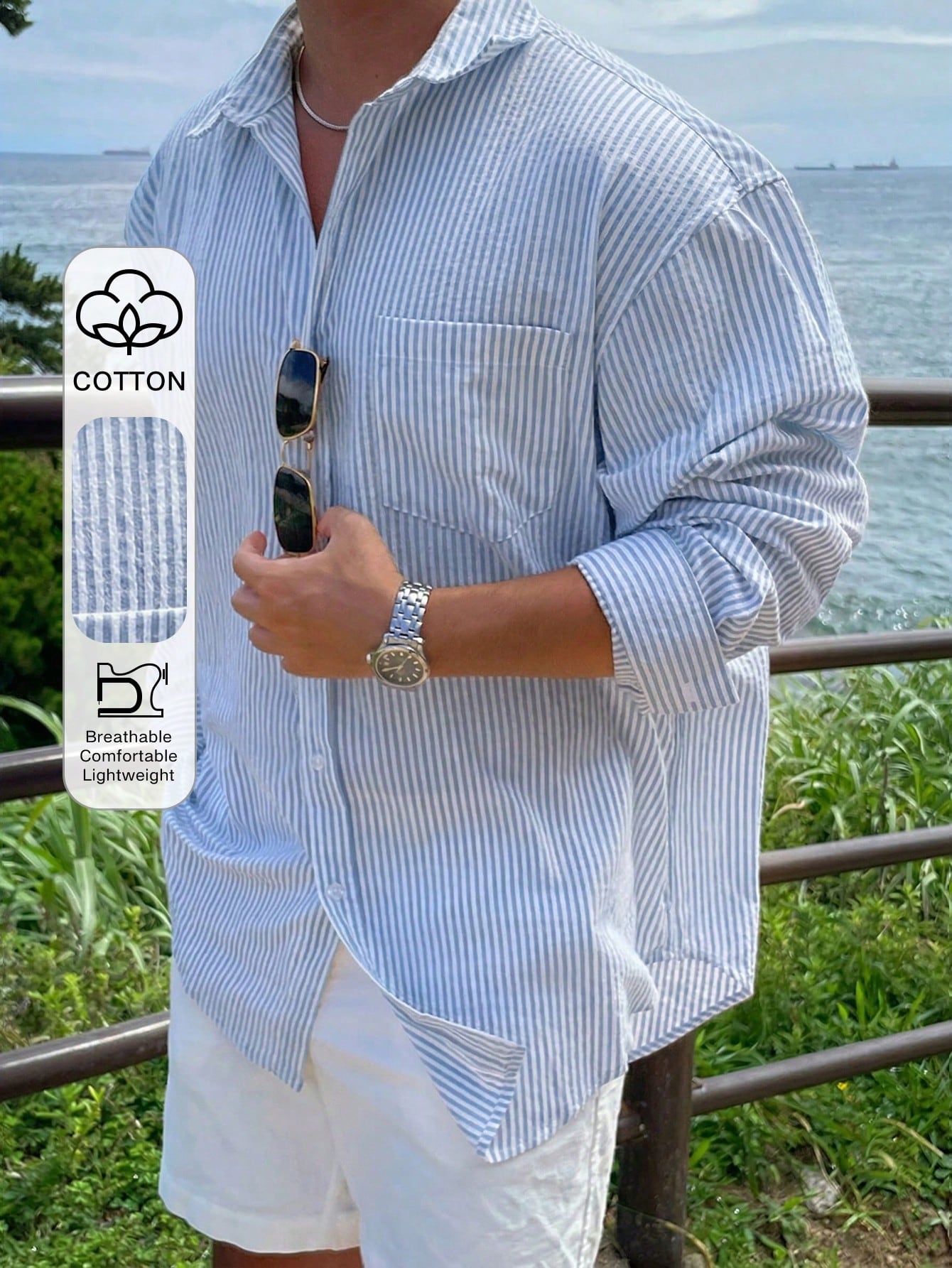 DAZY Chemise à manches longues rayée bleue pour hommes, printemps