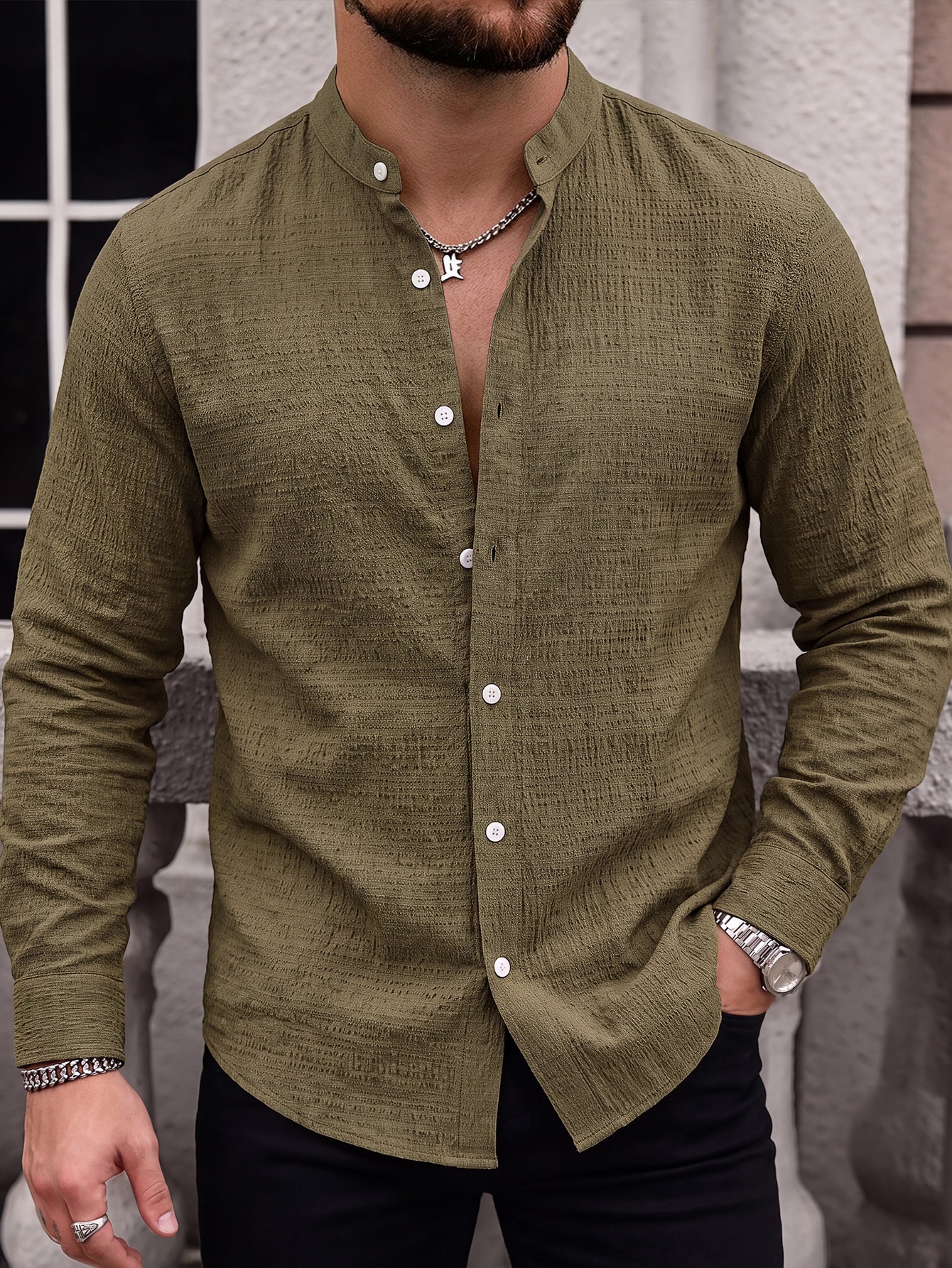 Manfinity Homme Chemise décontractée polyvalente pour homme, couleur unie, simple — vue 2