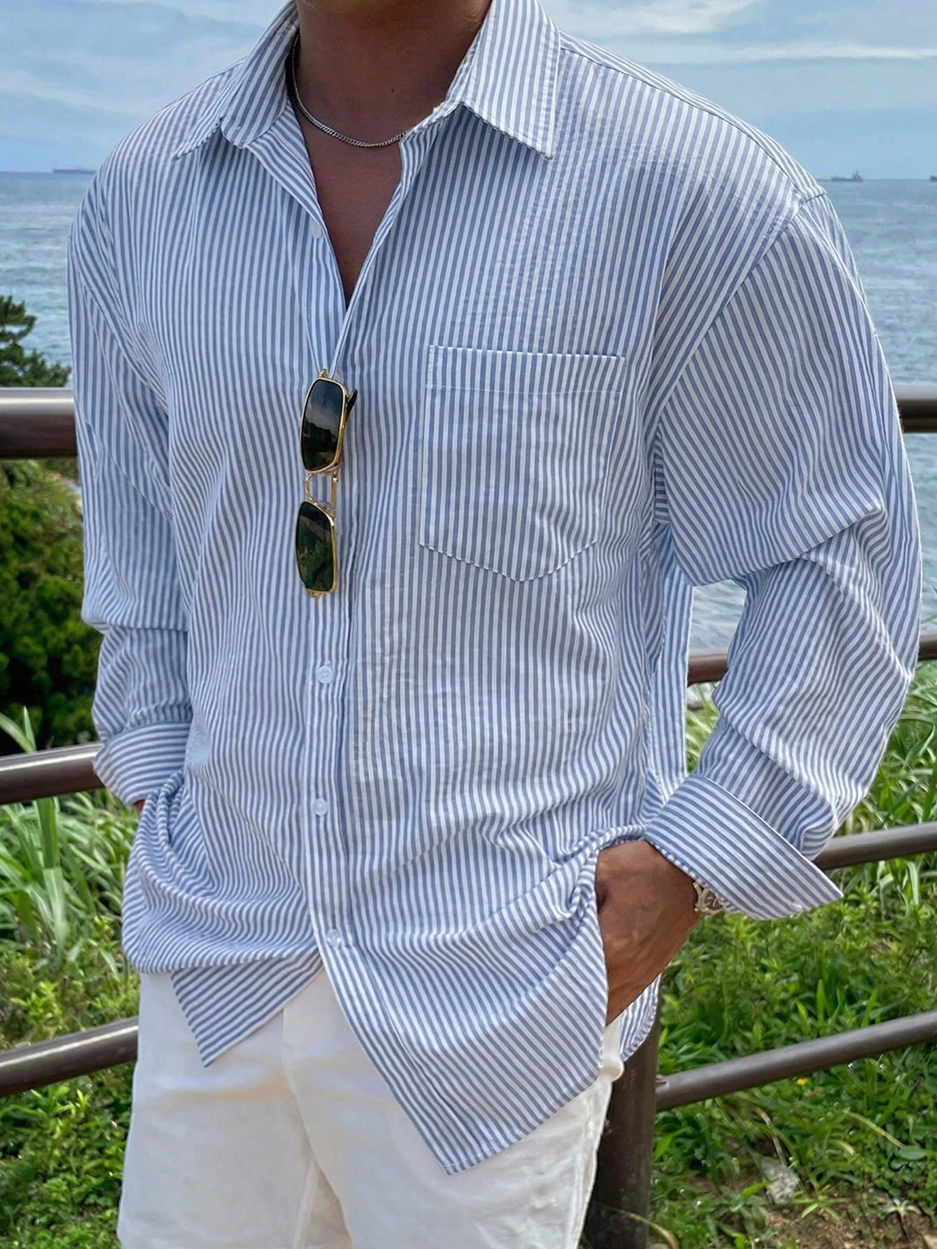 DAZY Chemise à manches longues rayée bleue pour hommes, printemps — vue 11