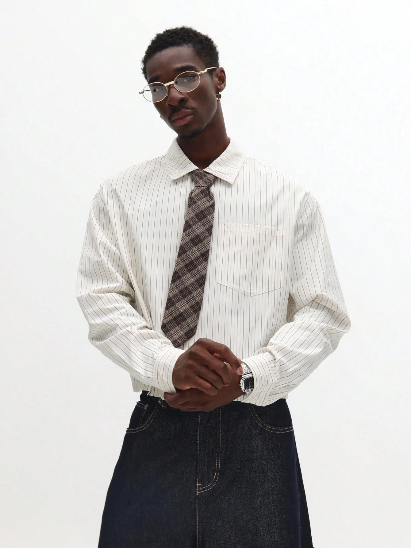 SUMWON Chemise courte à carreaux pour hommes, coupe boxy, manches longues, col évasé, — vue 12