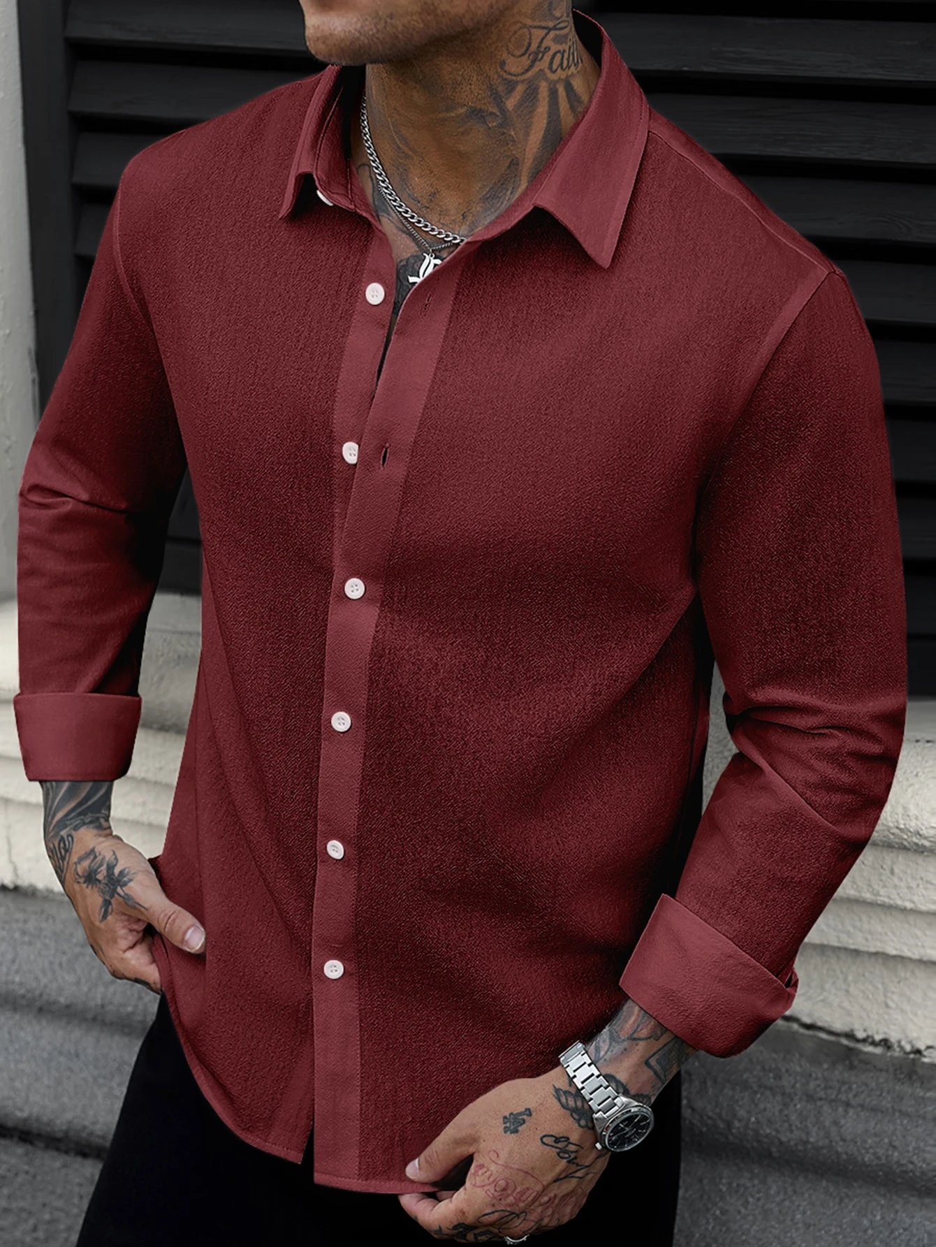 Manfinity Homme Chemise décontractée pour hommes à manches longues de couleur unie, en — vue 12
