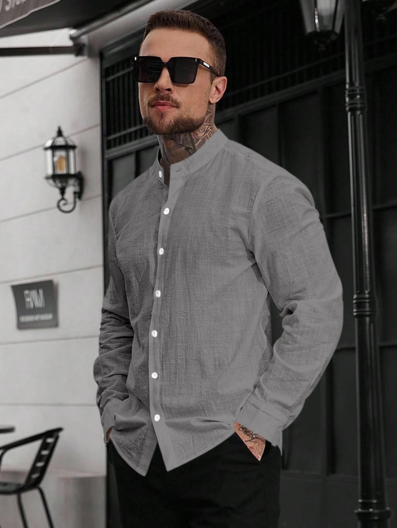 Manfinity Homme Chemise décontractée pour hommes à manches longues de couleur unie, en — vue 14