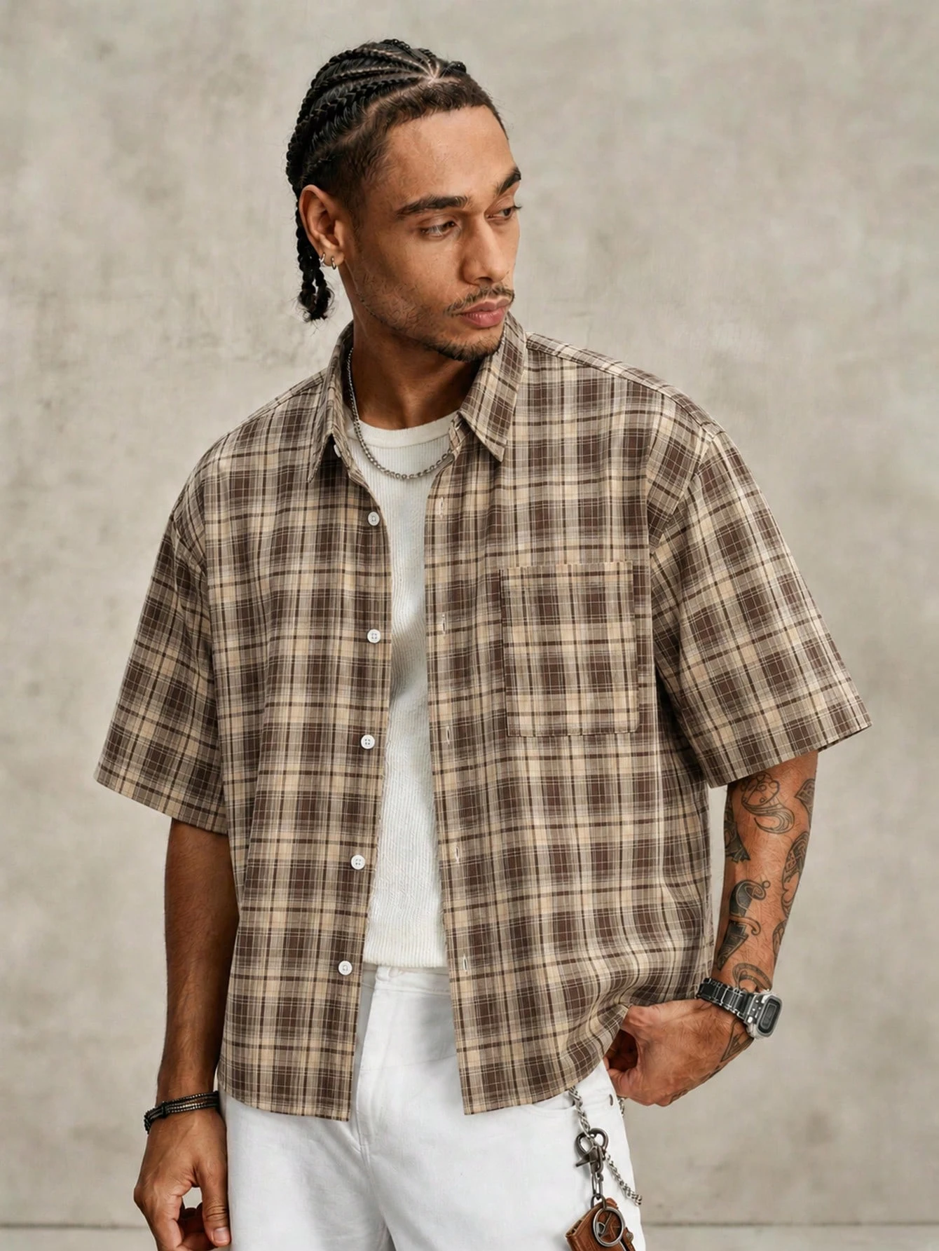 STYNVO Chemise tropicale d'été beige pour homme, à manches courtes, à carreaux avec — vue 4