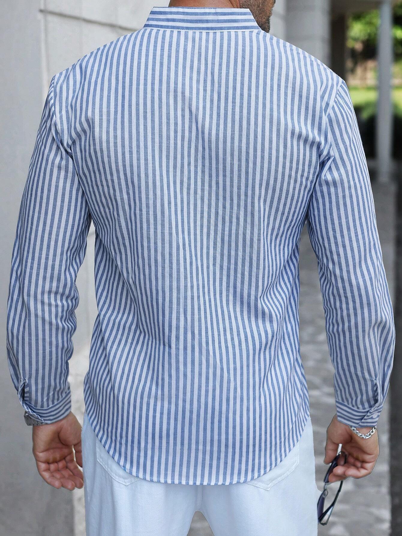 Manfinity Homme 1 pièce Chemise slim en coton à col montant rayé pour homme, manches — vue 2