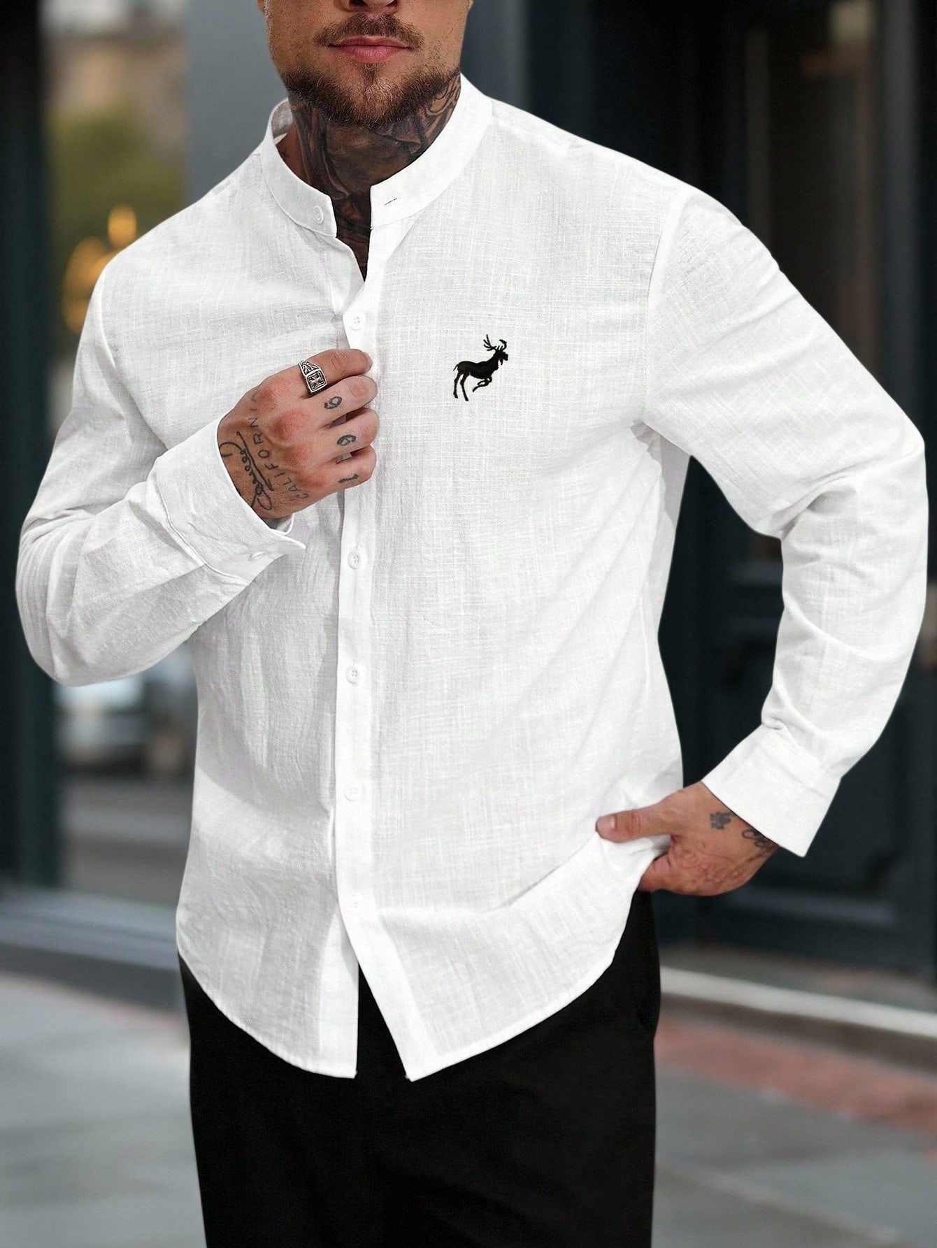 Manfinity Homme Chemise décontractée basique à manches longues en lin et coton blanc pour — vue 3