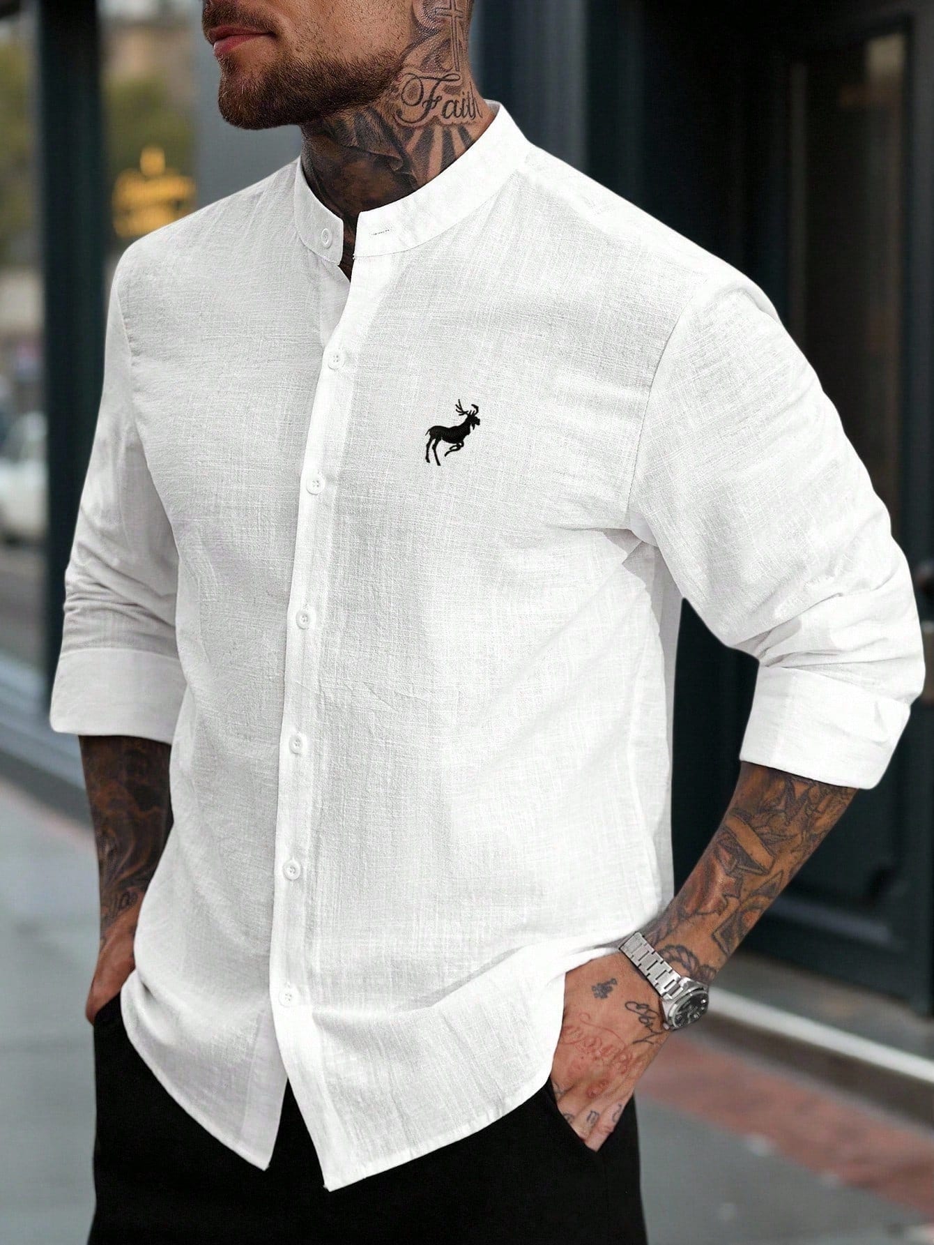 Manfinity Homme Chemise décontractée basique à manches longues en lin et coton blanc pour