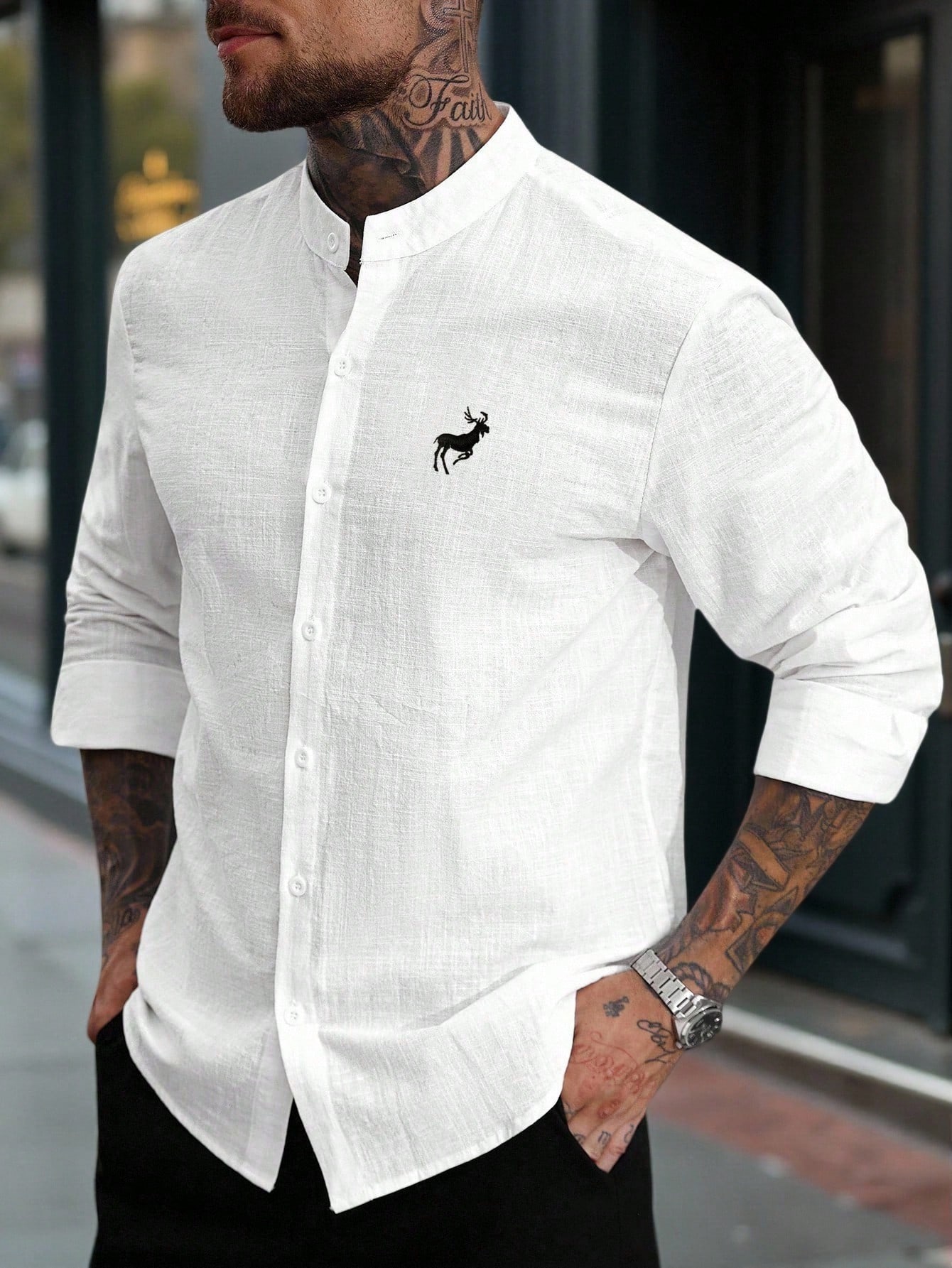 Manfinity Homme Chemise décontractée basique à manches longues en lin et coton blanc pour