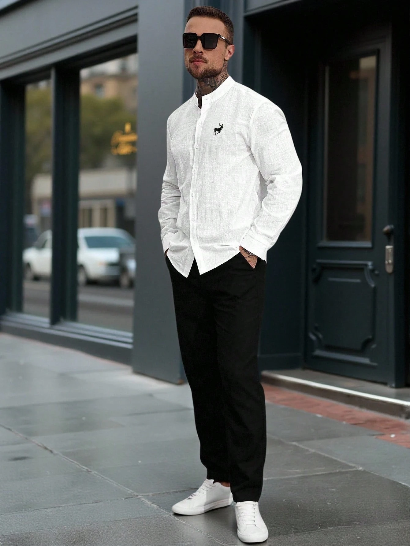 Manfinity Homme Chemise décontractée basique à manches longues en lin et coton blanc pour — vue 6