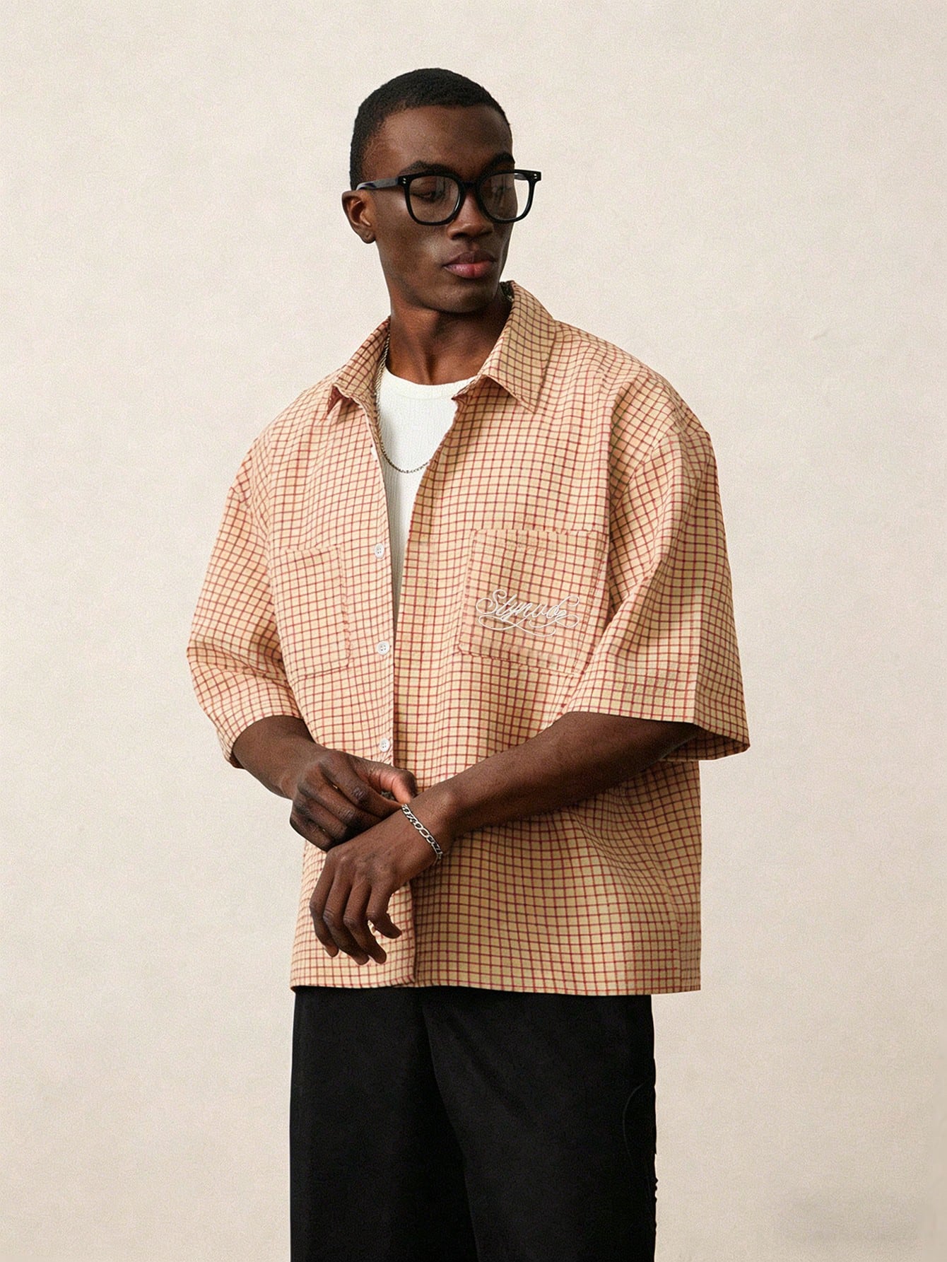 STYNVO Chemise tropicale d'été beige pour homme, à manches courtes, à carreaux avec
