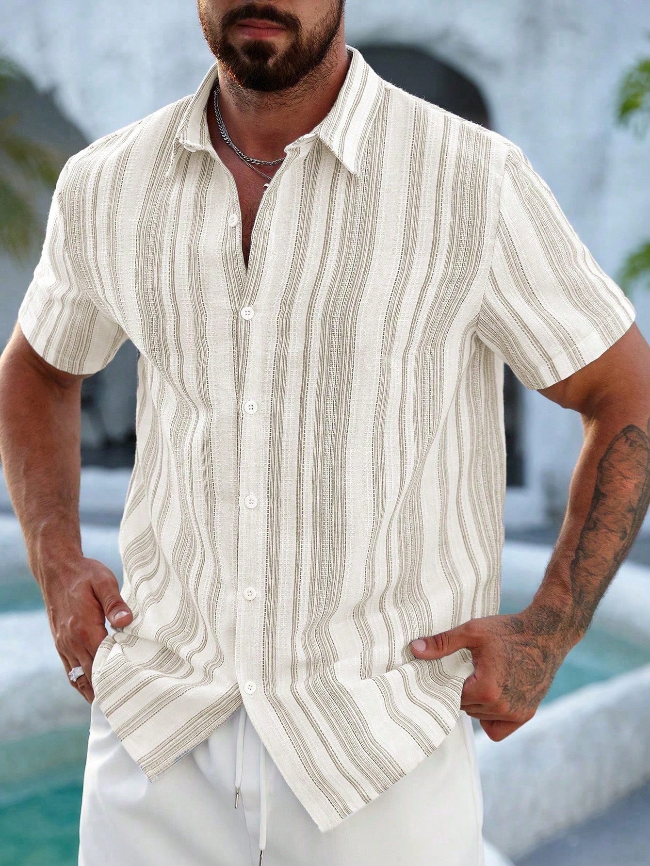 VENTUSAIL Chemise d'été décontractée à manches courtes, coupe slim, rayée, avec boutons