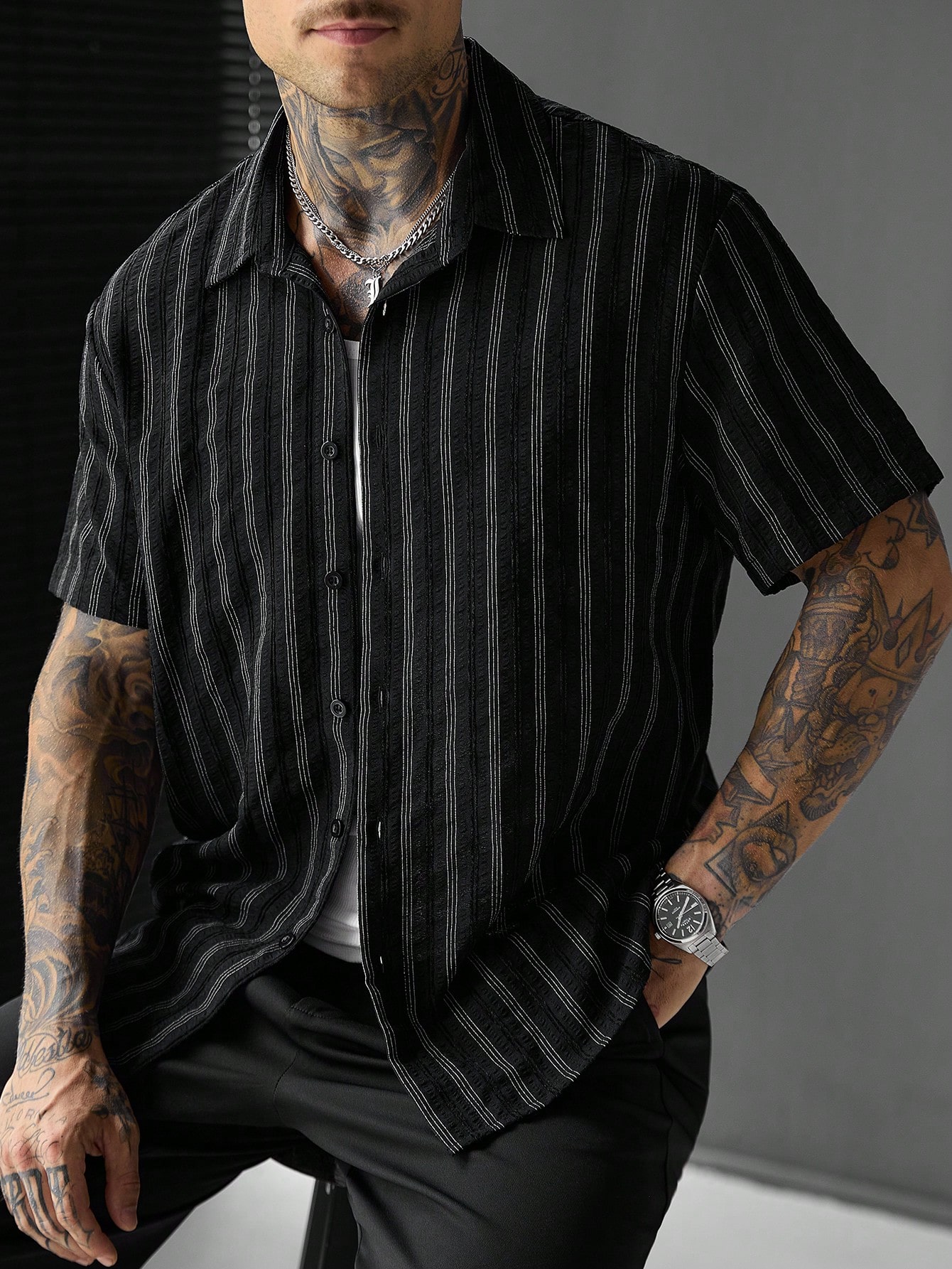 VENTUSAIL Chemise d'été décontractée à manches courtes, coupe slim, rayée, avec boutons — vue 3
