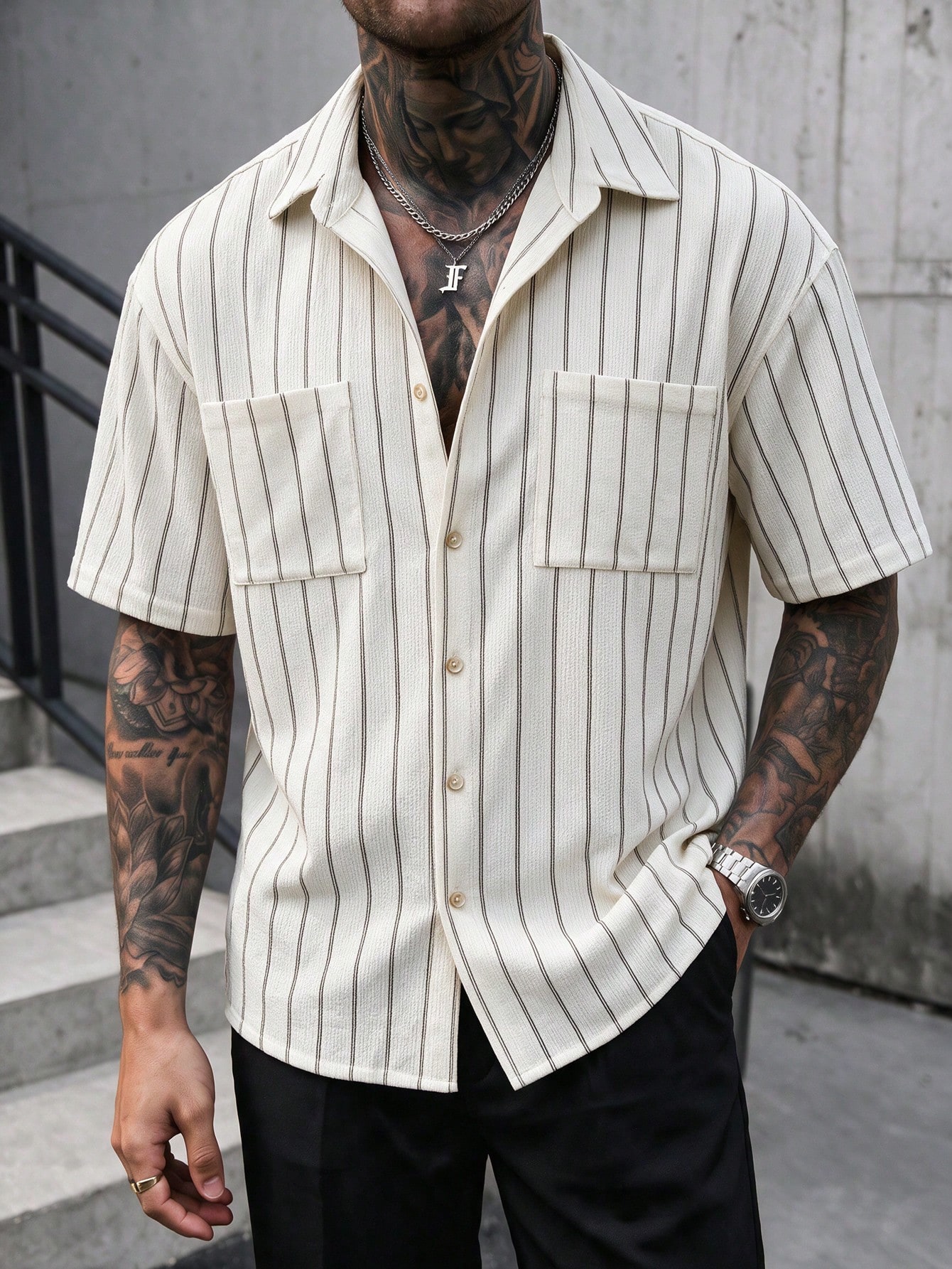 VENTUSAIL Chemise d'été décontractée à manches courtes, coupe slim, rayée, avec boutons — vue 2