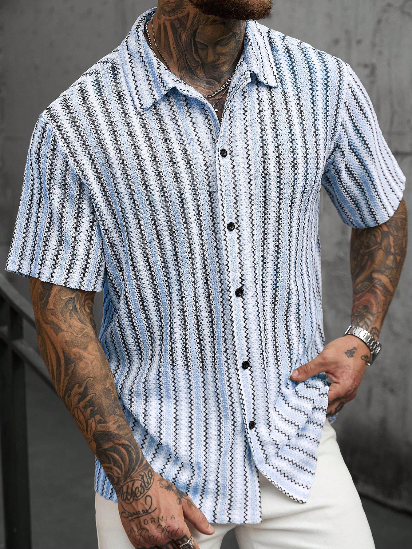 VENTUSAIL Chemise d'été décontractée à manches courtes, coupe slim, rayée, avec boutons — vue 4