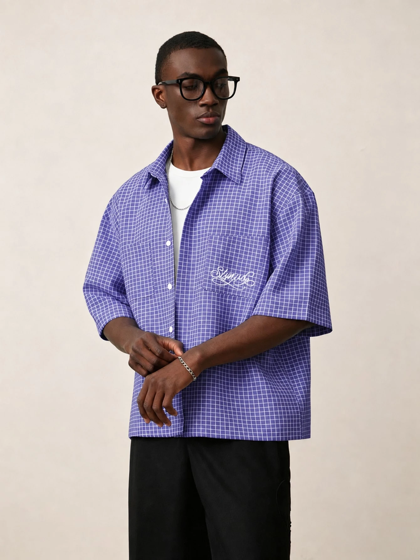 STYNVO Chemise tropicale d'été beige pour homme, à manches courtes, à carreaux avec — vue 7