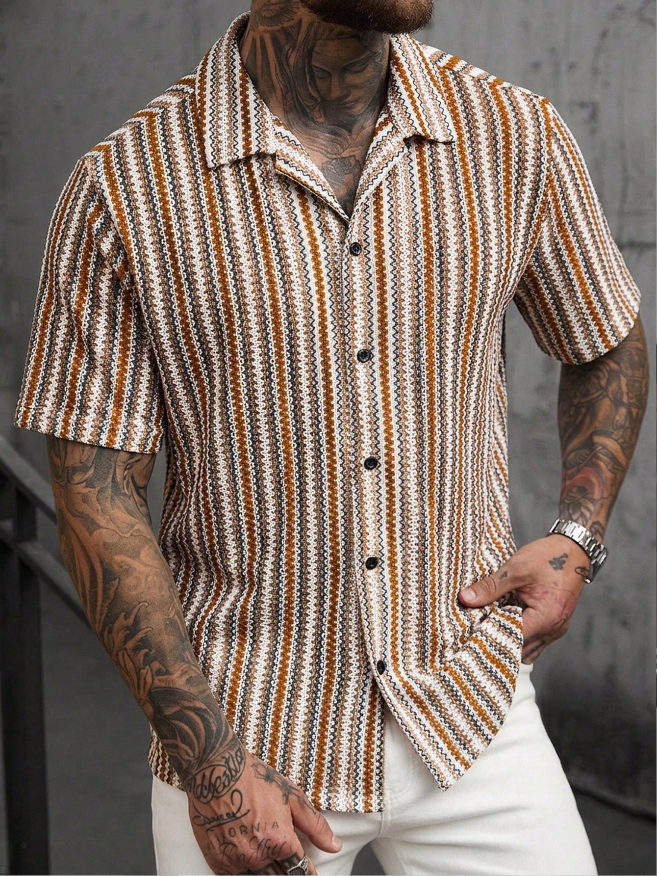 VENTUSAIL Chemise d'été décontractée à manches courtes, coupe slim, rayée, avec boutons — vue 8