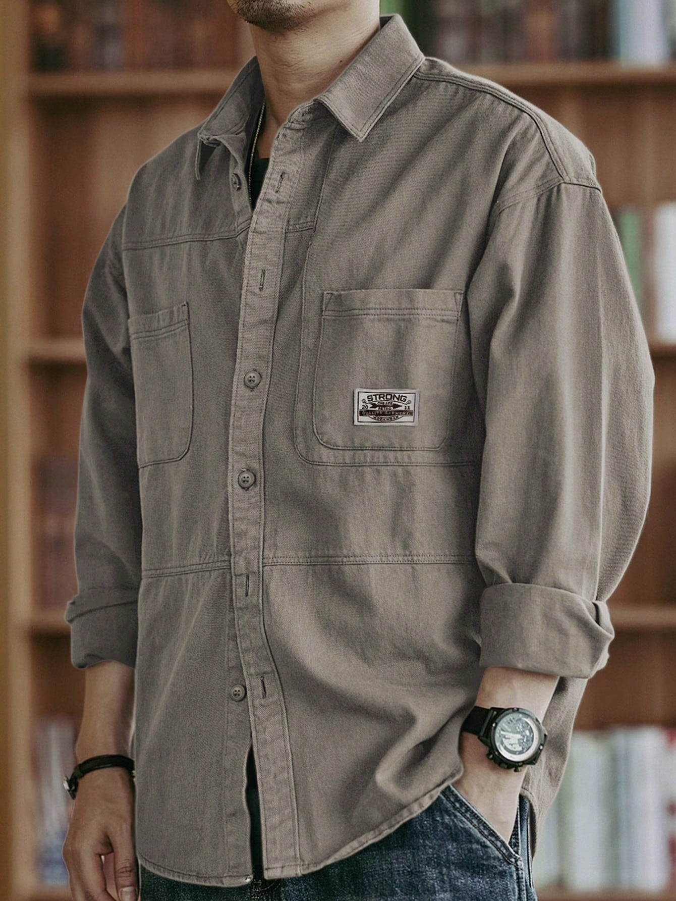 Chemise décontractée en coton pour hommes, couleur unie, confortable, multi-poches, style — vue 6