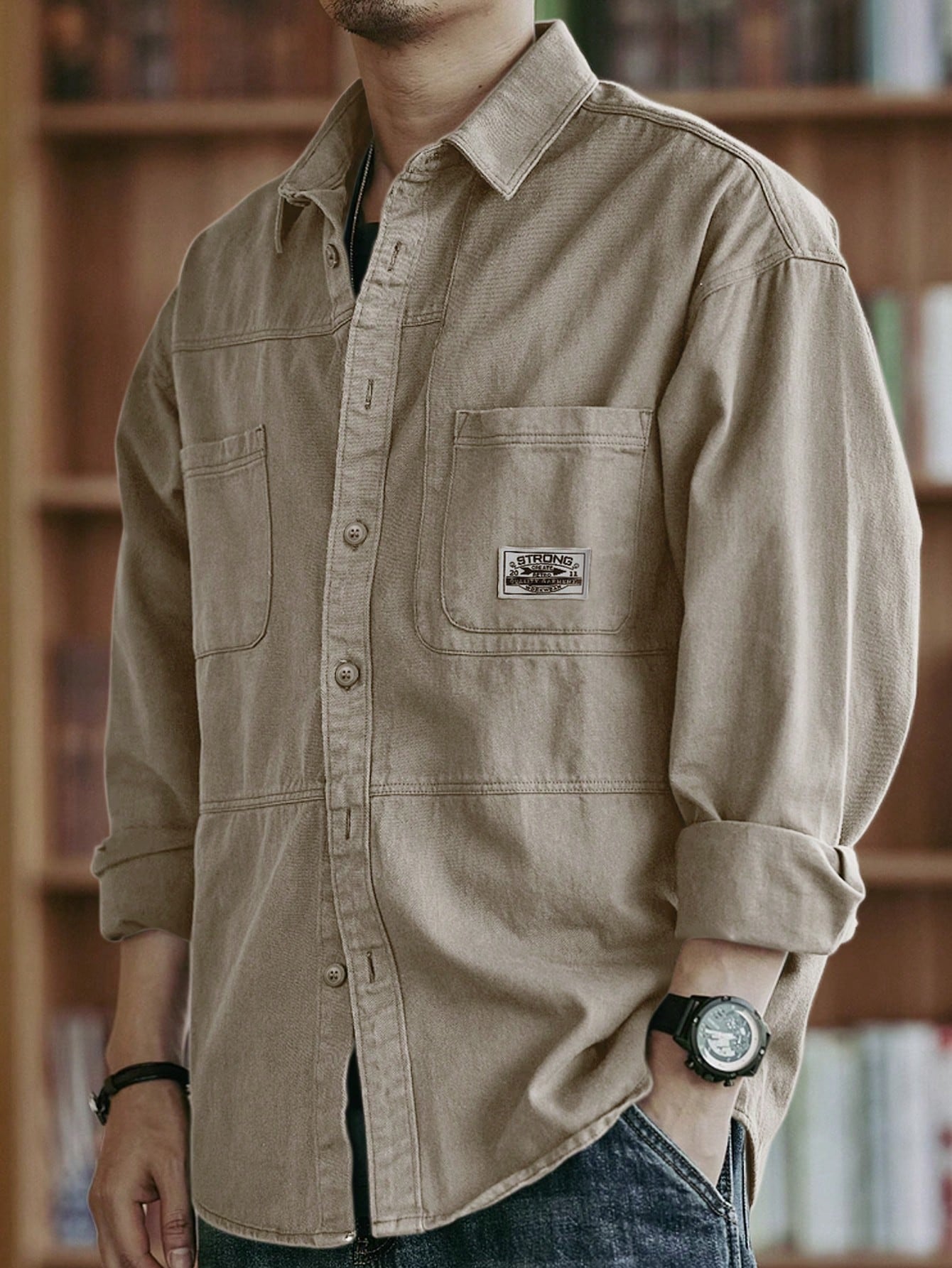 Chemise décontractée en coton pour hommes, couleur unie, confortable, multi-poches, style