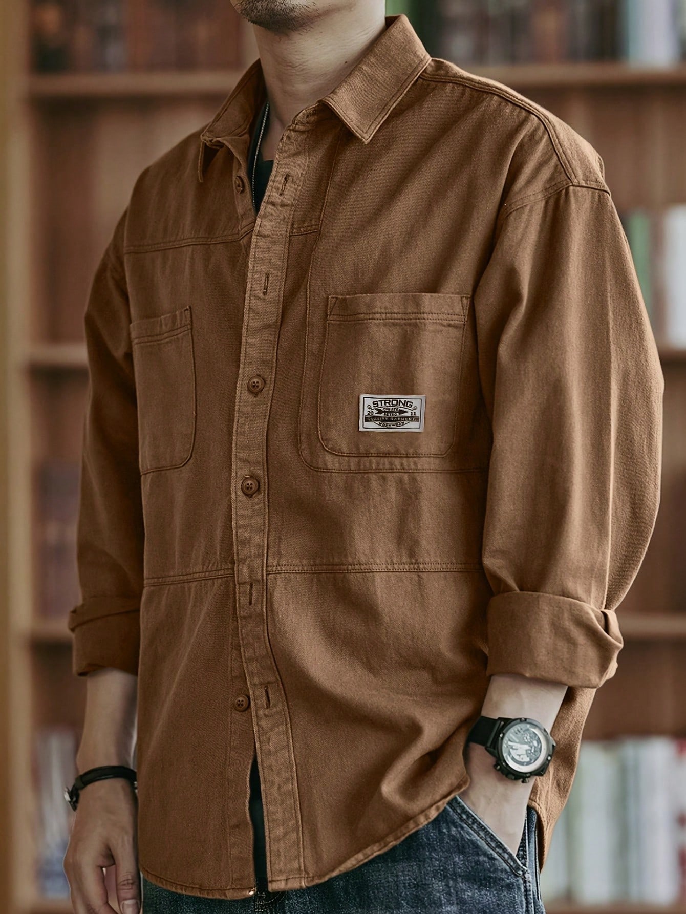 Chemise décontractée en coton pour hommes, couleur unie, confortable, multi-poches, style — vue 2