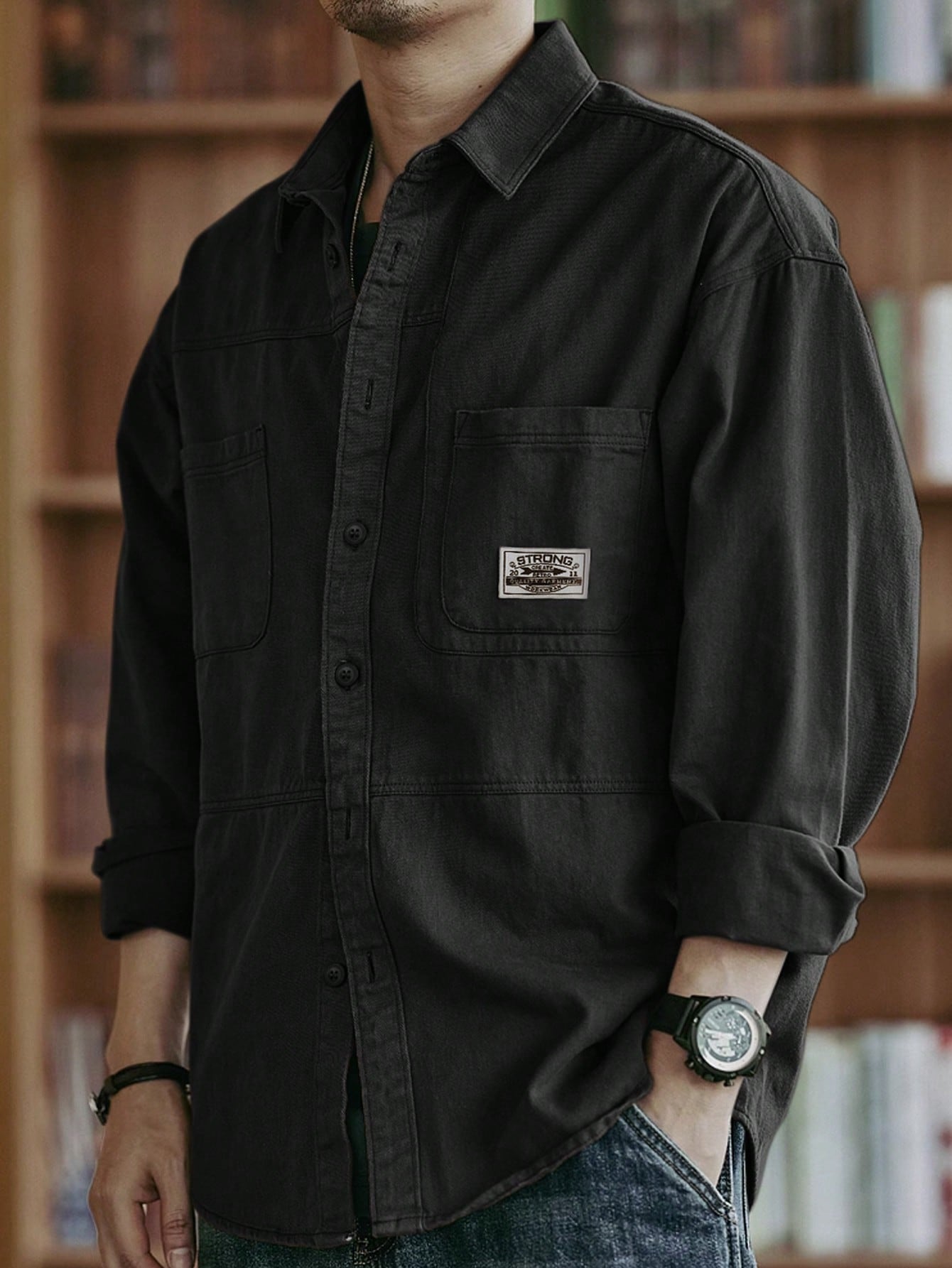 Chemise décontractée en coton pour hommes, couleur unie, confortable, multi-poches, style — vue 4