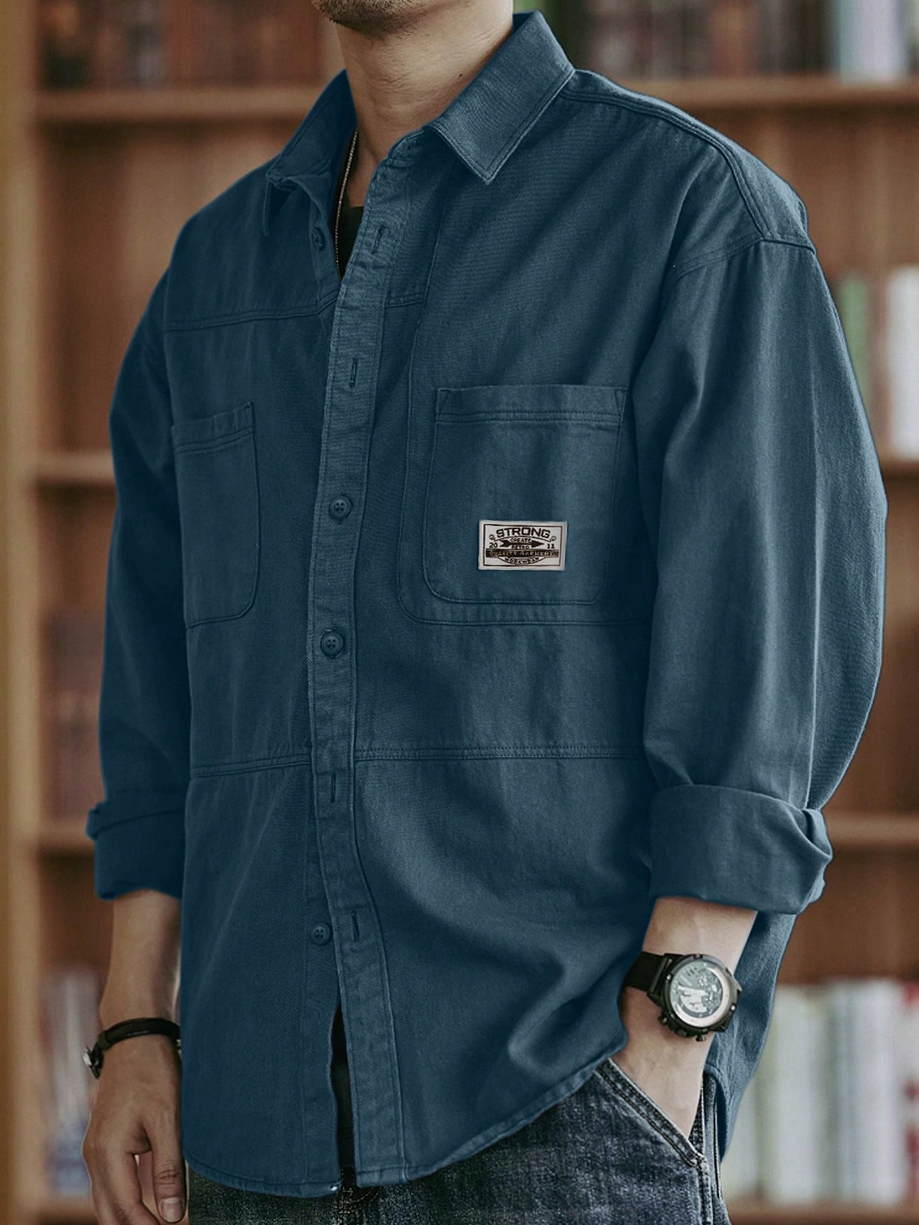 Chemise décontractée en coton pour hommes, couleur unie, confortable, multi-poches, style — vue 5