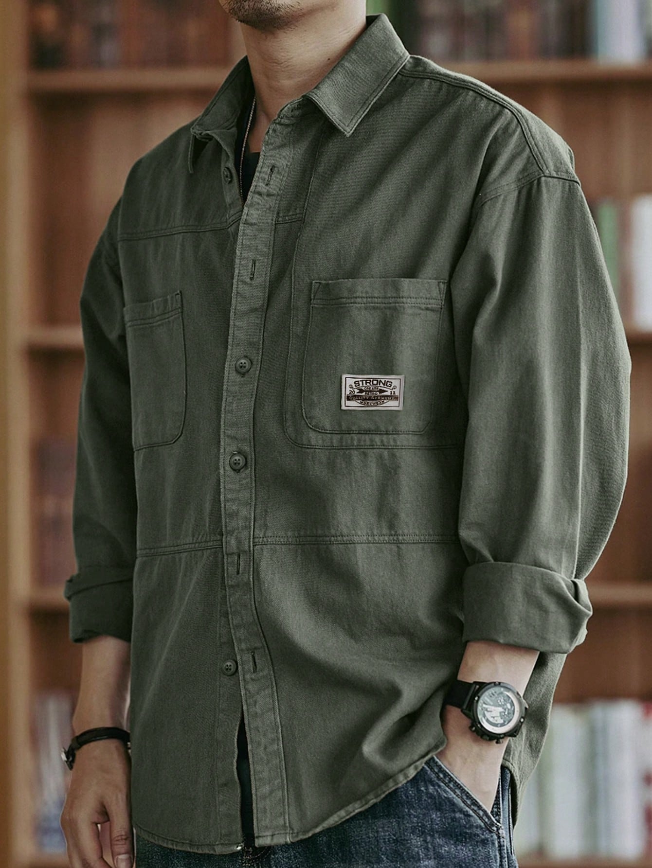Chemise décontractée en coton pour hommes, couleur unie, confortable, multi-poches, style — vue 3