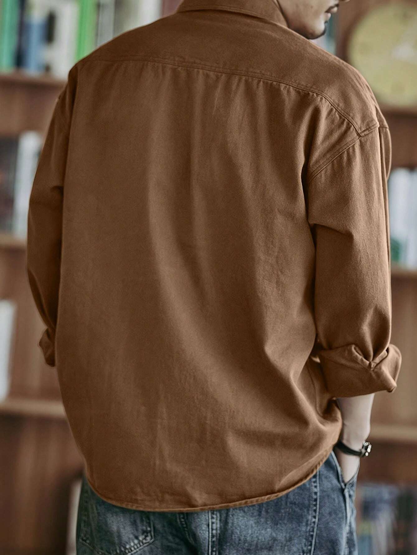 Chemise décontractée en coton pour hommes, couleur unie, confortable, multi-poches, style — vue 9