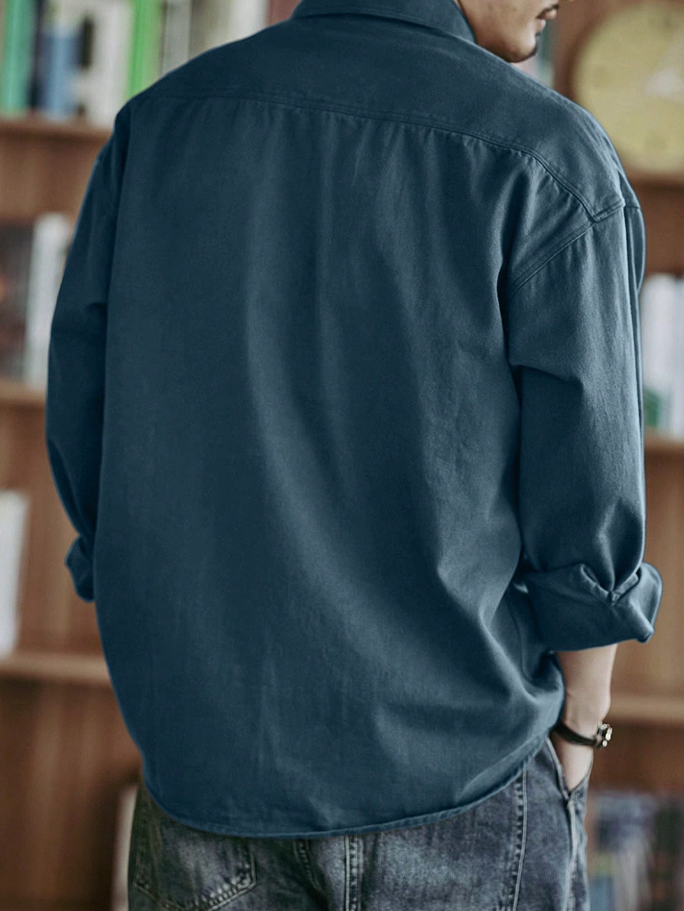 Chemise décontractée en coton pour hommes, couleur unie, confortable, multi-poches, style — vue 12