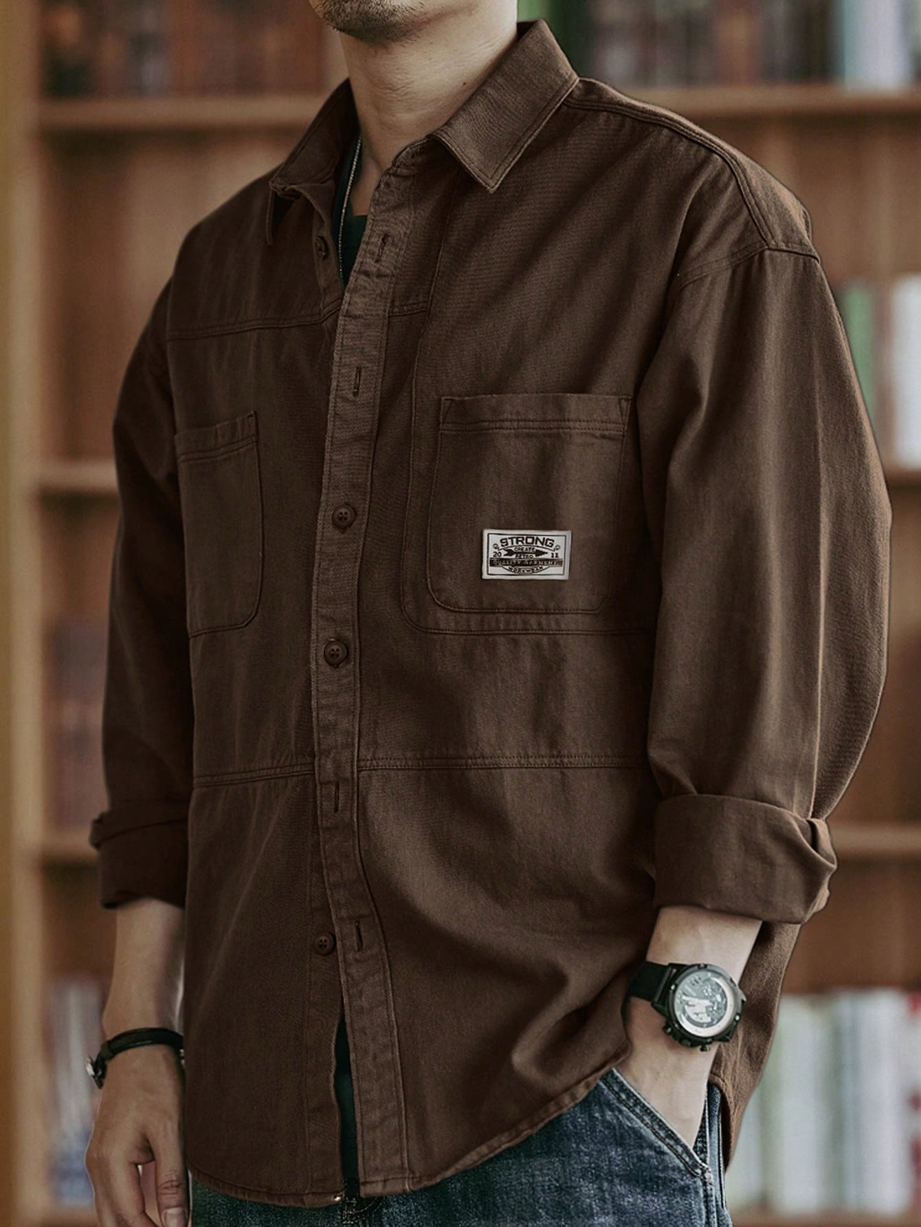 Chemise décontractée en coton pour hommes, couleur unie, confortable, multi-poches, style — vue 7